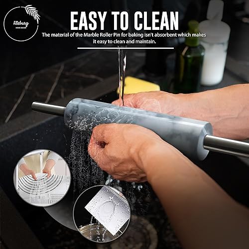 Miniatura 3 de Juego de rodillos de mármol con alfombrilla de silicona para hornear, raspador de masa de acero y cuna de madera, rodillo de masa antiadherente