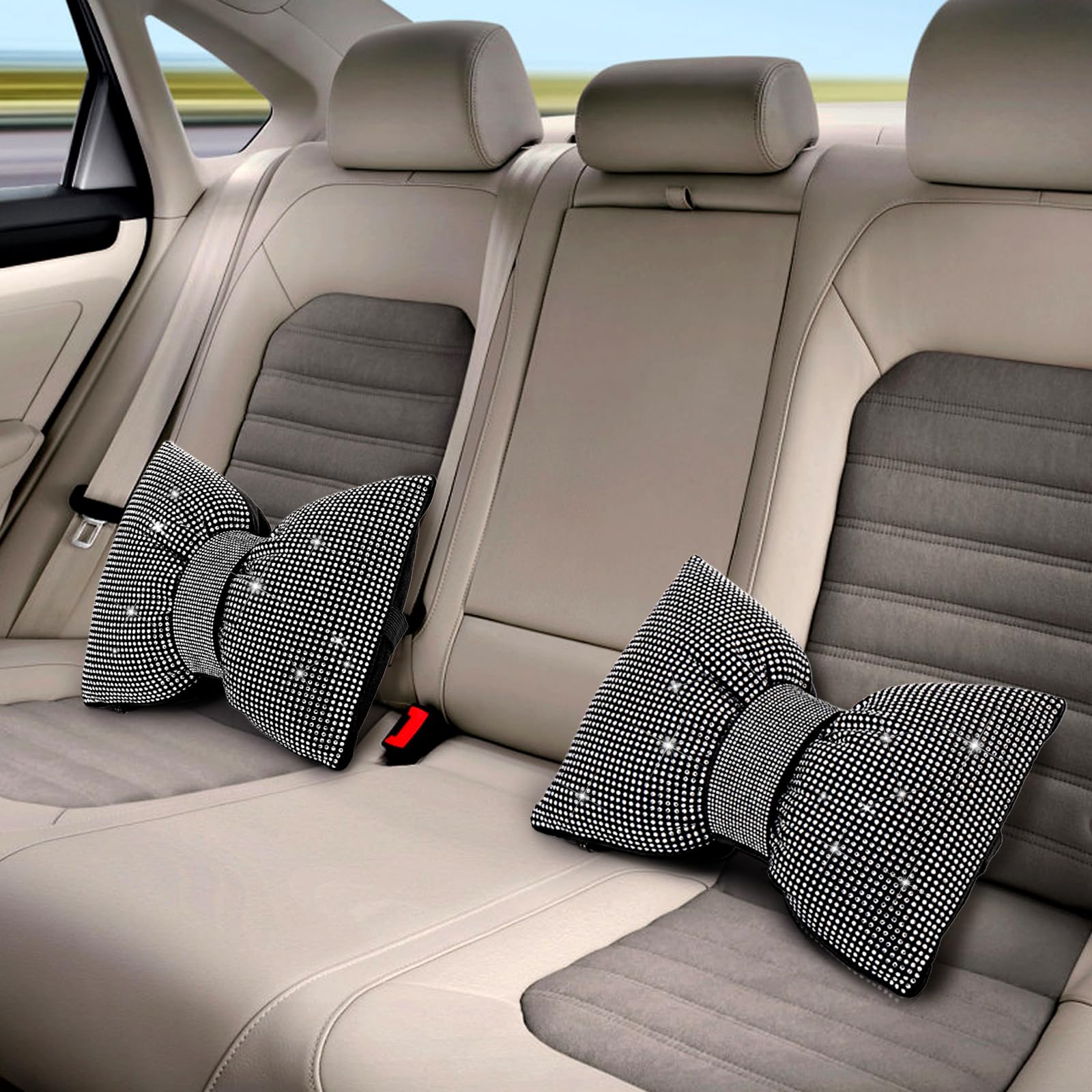 Lawei 2PCS Bling Car Pillows, Rhinestone Car Headrest Neck Pillow for Driving, Comfortable Cushion Head Rest Neck Support Pillow for Travel, White Crystal Diamond Bow Interior Pillow for Women Girly