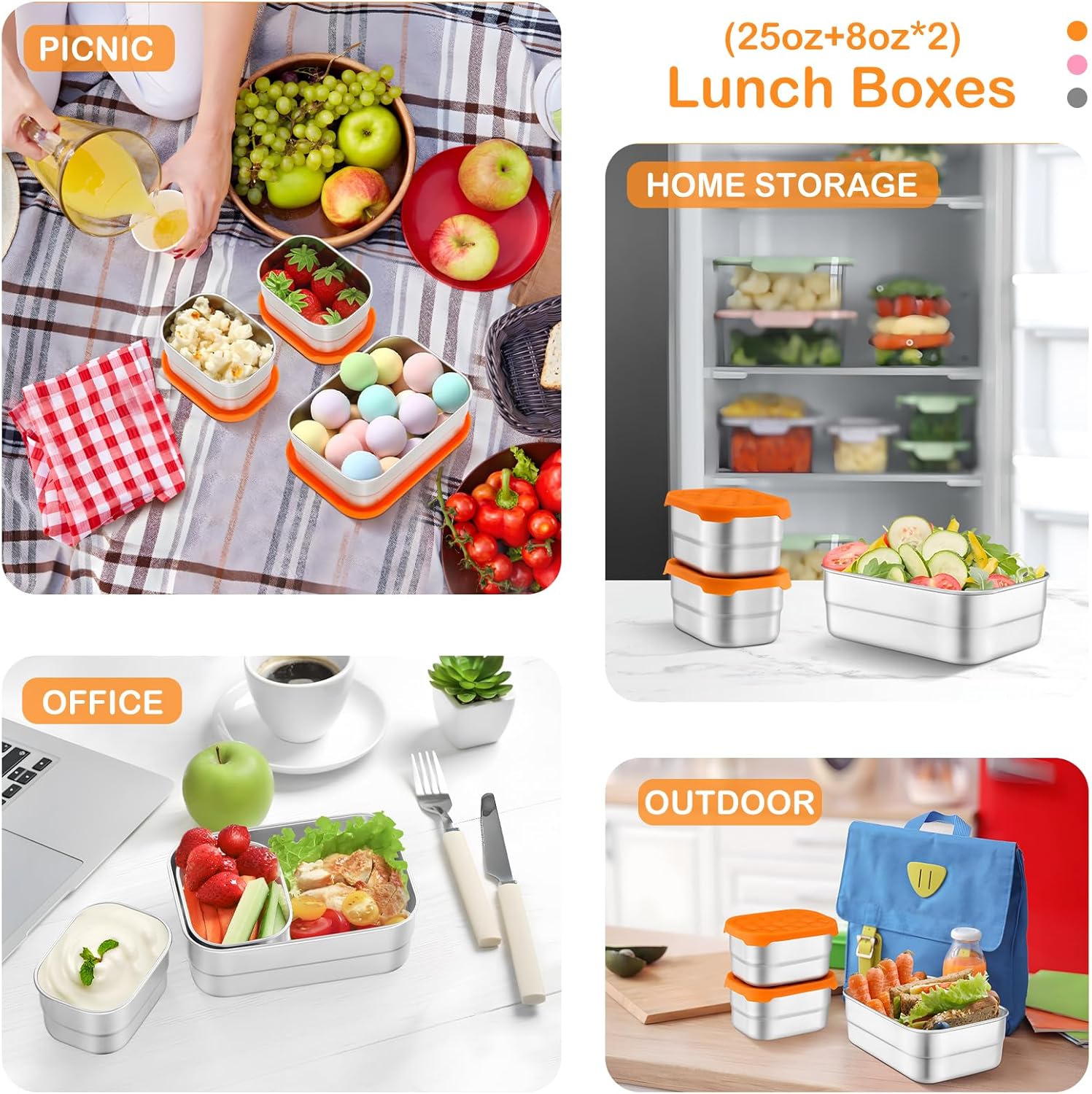 Leonyo Stainless Steel Lunch Containers for Kids, 18/10 Stainless Steel Food Containers with Silicone Lids, Metal Toddler Bento Box, Food Storage Bento Box for Snacks, Sandwiches, Fruits(25oz+8oz*2) - Image 5