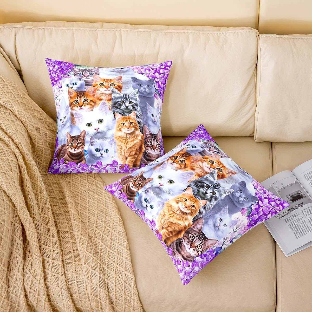 Feelyou Pack of 2 Cat Decorative Throw Pillow Covers,Soft Cats Print Square Cushion Case Set for Couch Sofa Bedroom Living Room,Cats Print Floral Blossom Purple Pillow Cases Pillowcases,22x22 Inches