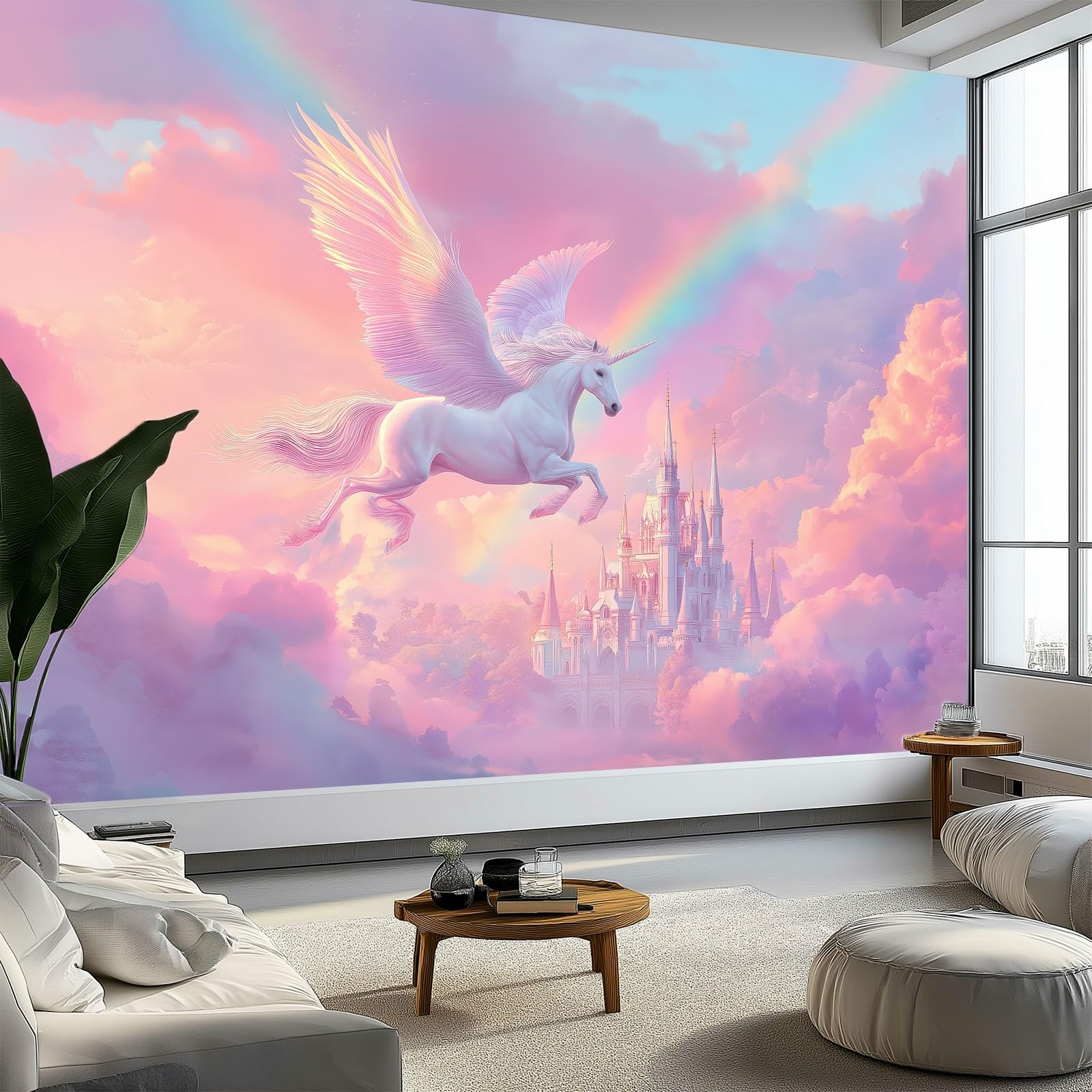 Tapeta 3D fioletowy 300 x 210 cm - fototapeta kreskówka jednorożec niebo zamek do pokoju dziecięcego nastolatka, włóknina łatwa do nałożenia dekoracja pokoju zabaw