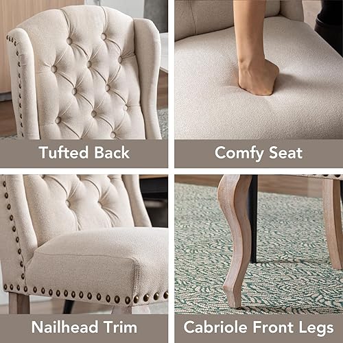 Miniatura 3 de chairus Parsons - Juego de 2 sillas de comedor tapizadas estilo rústico francés con ribete de cabeza de clavo y patas de madera curvas, sillas de