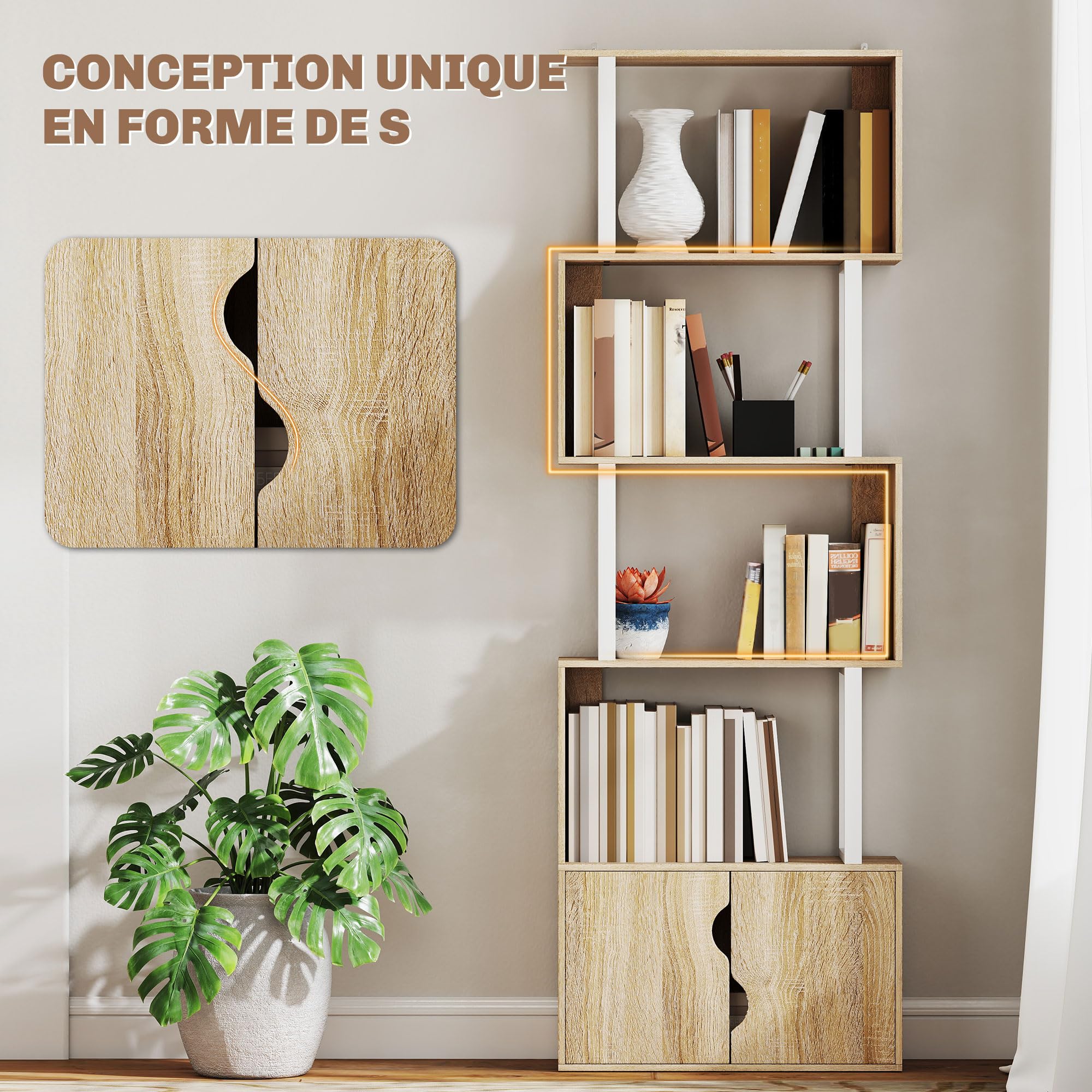 HOMCOM Bibliothèque à 5 Niveaux en Forme de S 60 x 23,8 x 179,2 cm Naturel