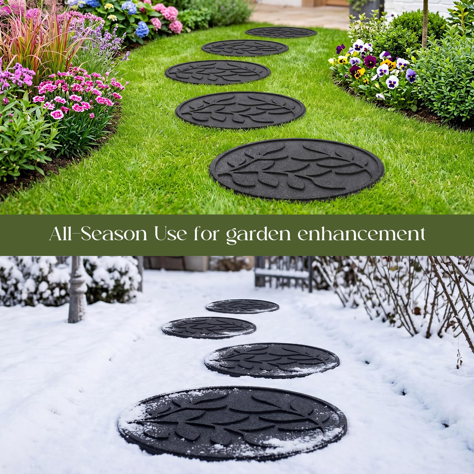 Nuanchu Confezione da 8 pietre da giardino in gomma nera antiscivolo con foglie di ulivo, 43,2 cm, rotonde, da giardino, in gomma riciclata, per vialetti di casa, vialetti paesaggistici