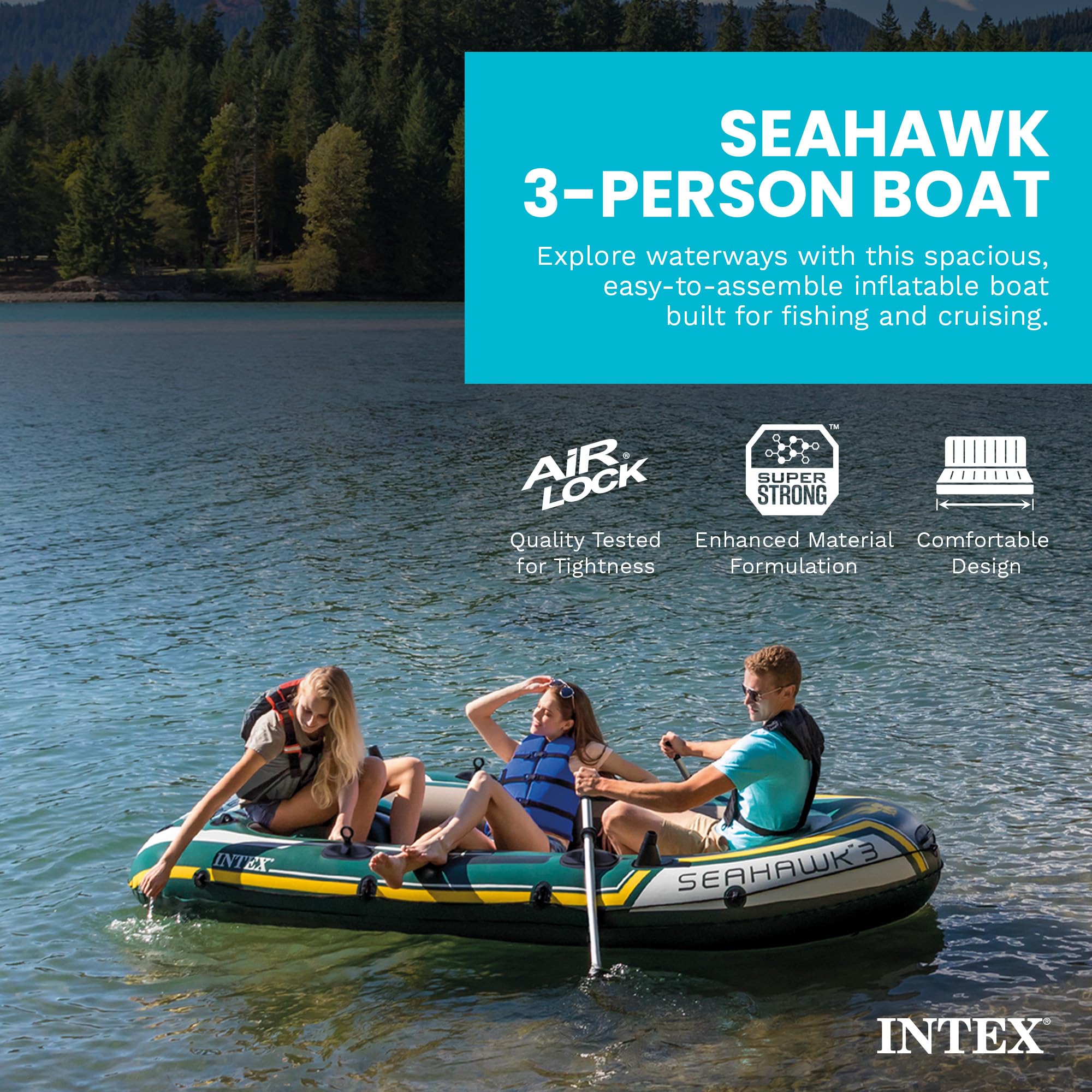 INTEX Serie di barche gonfiabili Seahawk: include remi in alluminio deluxe e pompa ad alto rendimento, PVC super resistente, supporti per canna da pesca, maniglie resistenti, custodia per attrezzi