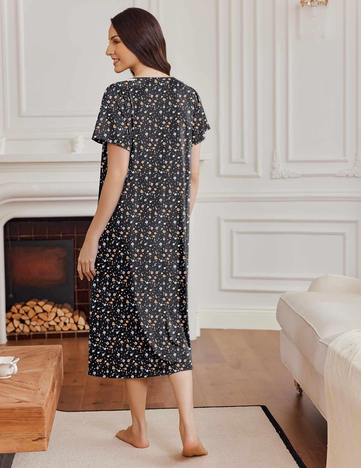 Ekouaer Long Nightgowns for Women Short Sleeve Sleepshirt Button Sleep Dress with Pockets - Image 4