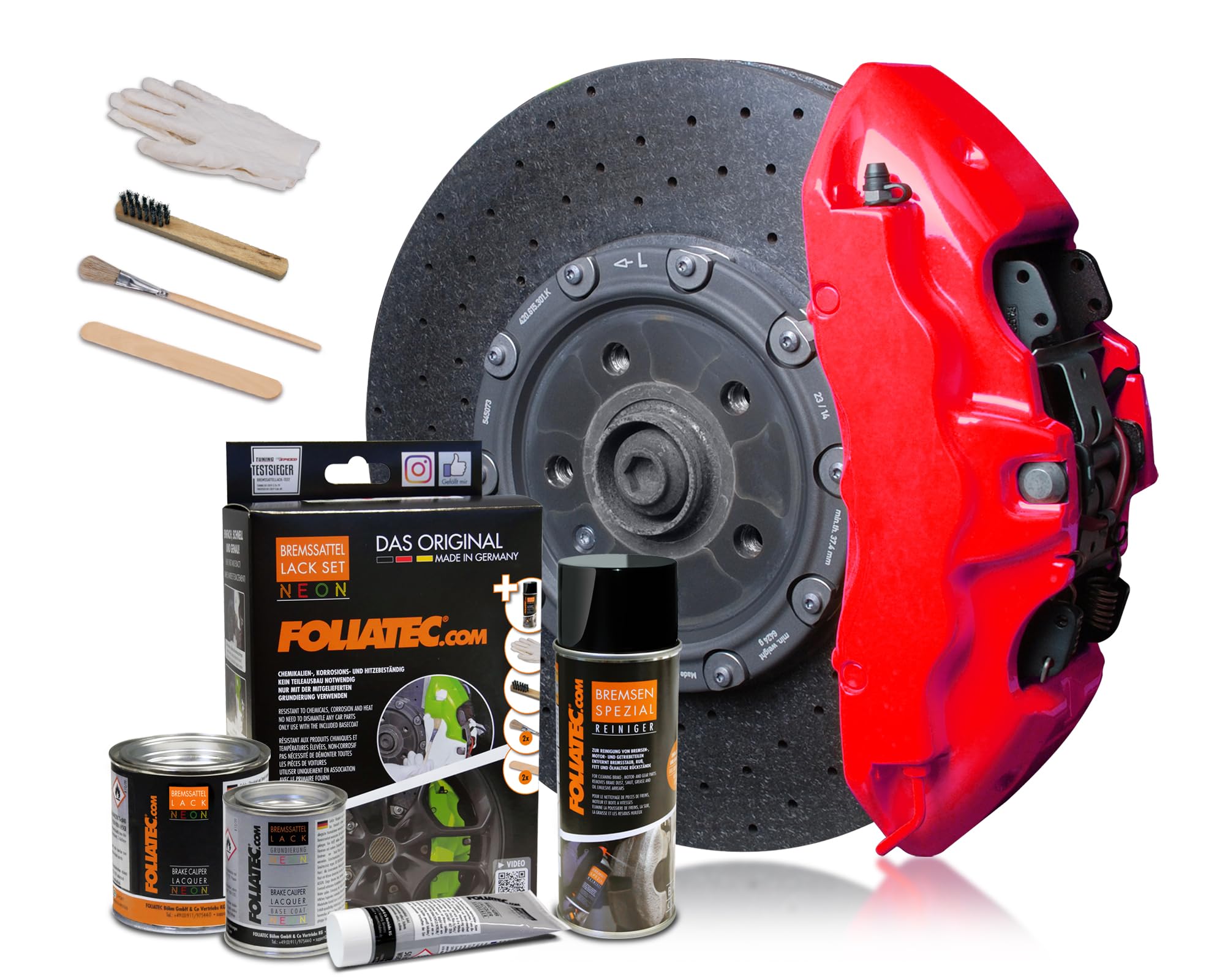 FOLIATEC Kit de peinture pour étriers de frein, résistant à la chaleur, kit complet pour 4 étriers de frein, Neon Red, jeu de 10 pièces