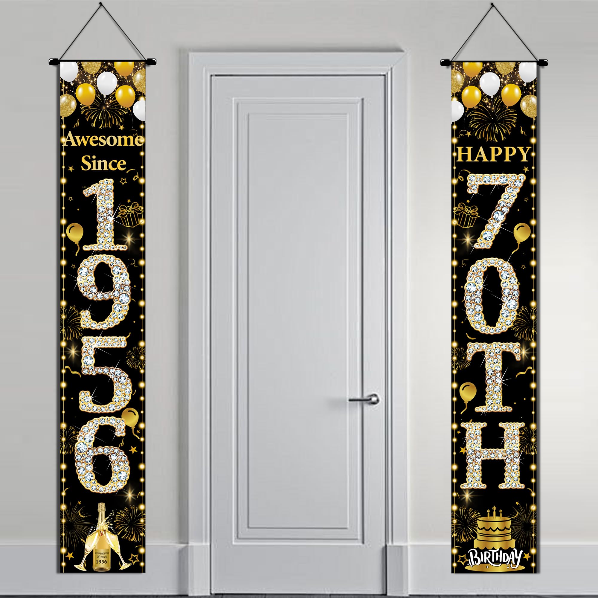 70th Birthday Decorations Door Banner - 2 Pcs Black Gold Happy 70th Birthday Awesome Since 1956 Banners Door Porch Sign for 70 Years Old Men Women Party Backdrop Decor Supplies (5.9x0.9ft)