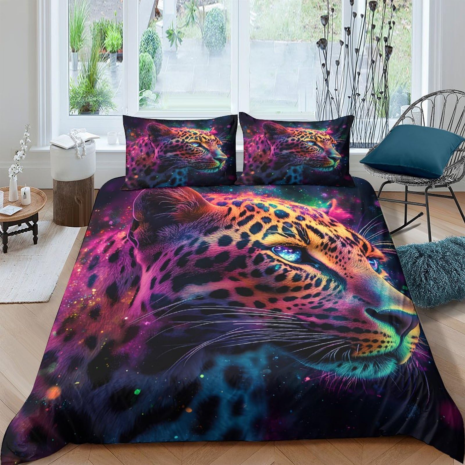 Housse de couette 140x200cm léopard fluo microfibre douce pour lit simple adolescent