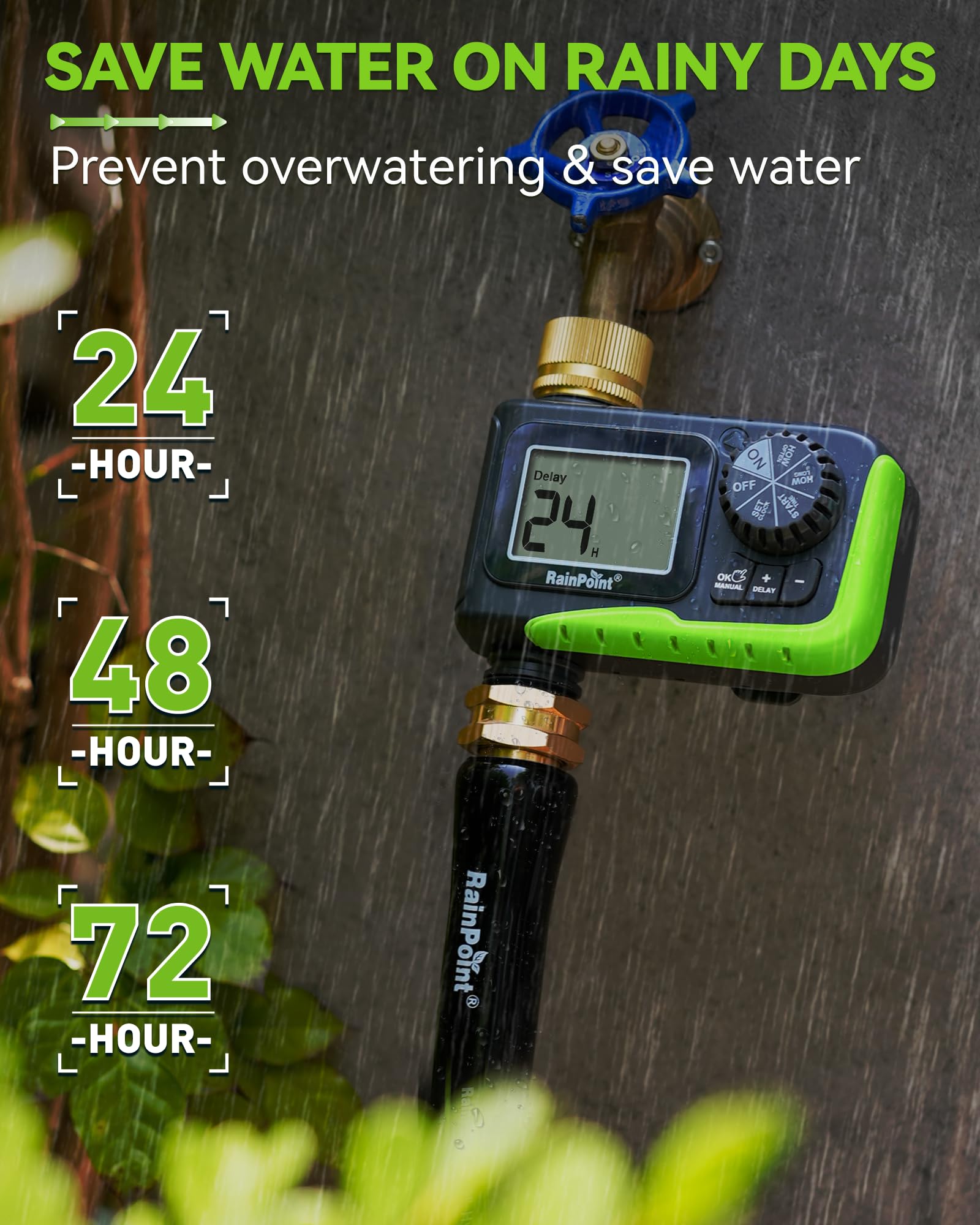 RAINPOINT Minuteur d'arrosage en laiton pour tuyau d'arrosage, contrôleur de tuyau d'arrosage pour arrosage, irrigation avec arrosage manuel/retard de pluie pour pelouse extérieure et cour