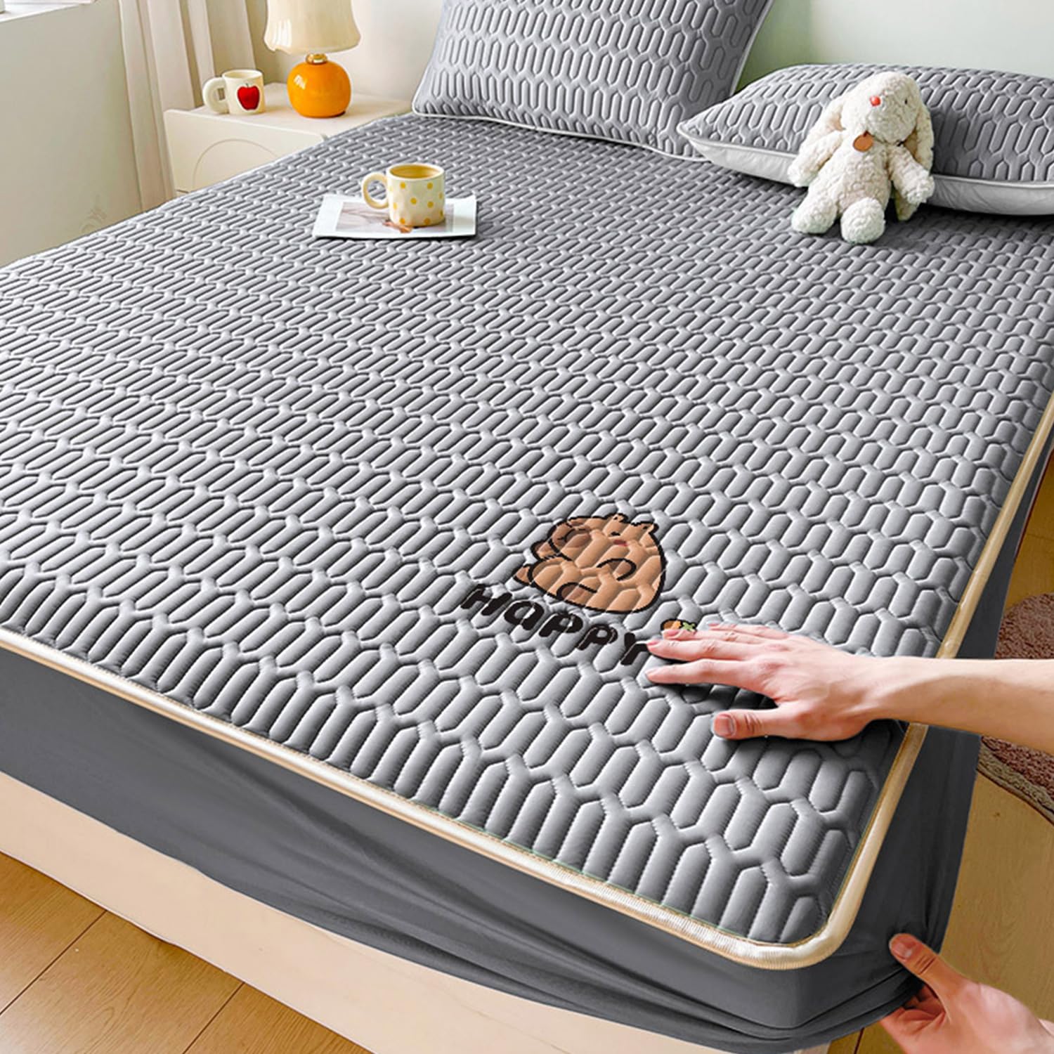 LDLCYCN Grey/B,150 * 200cm(QUEEN), Cooling Latex Mattress Protector Queen/King Size Quilted Fitted Sheet Ice Silk Mattress Cover Soft Dustproof Bed Cover with Elastic Band Full Wrap 360° Washable