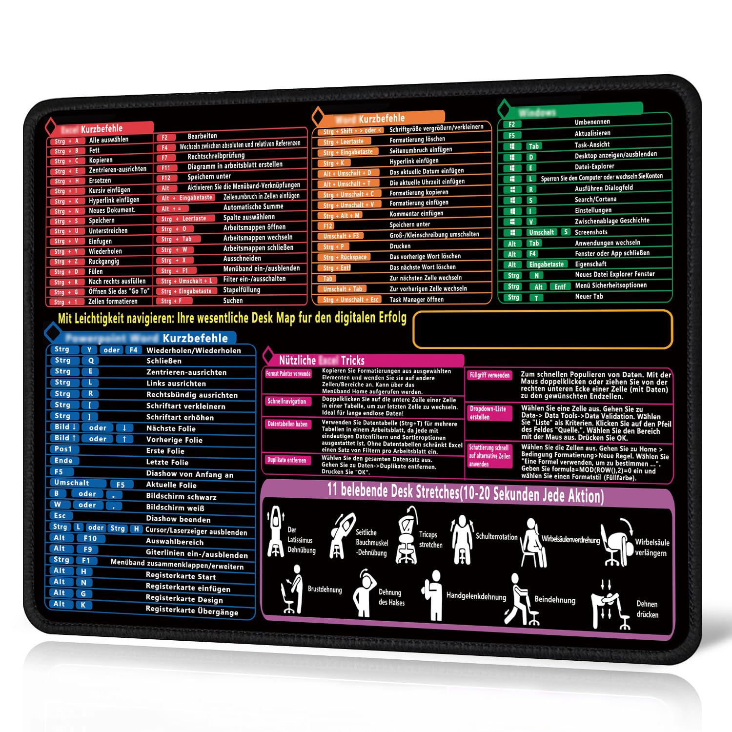 NVGVUP Mauspad Excel Deutsch 300x250x2mm, Anti Rutsch mit Kurzbefehlen | Excel Kurzbefehle auf Deutsch, Praktische Schreibtischunterlage für Büro und Zuhause mit rutschfester Oberfläche