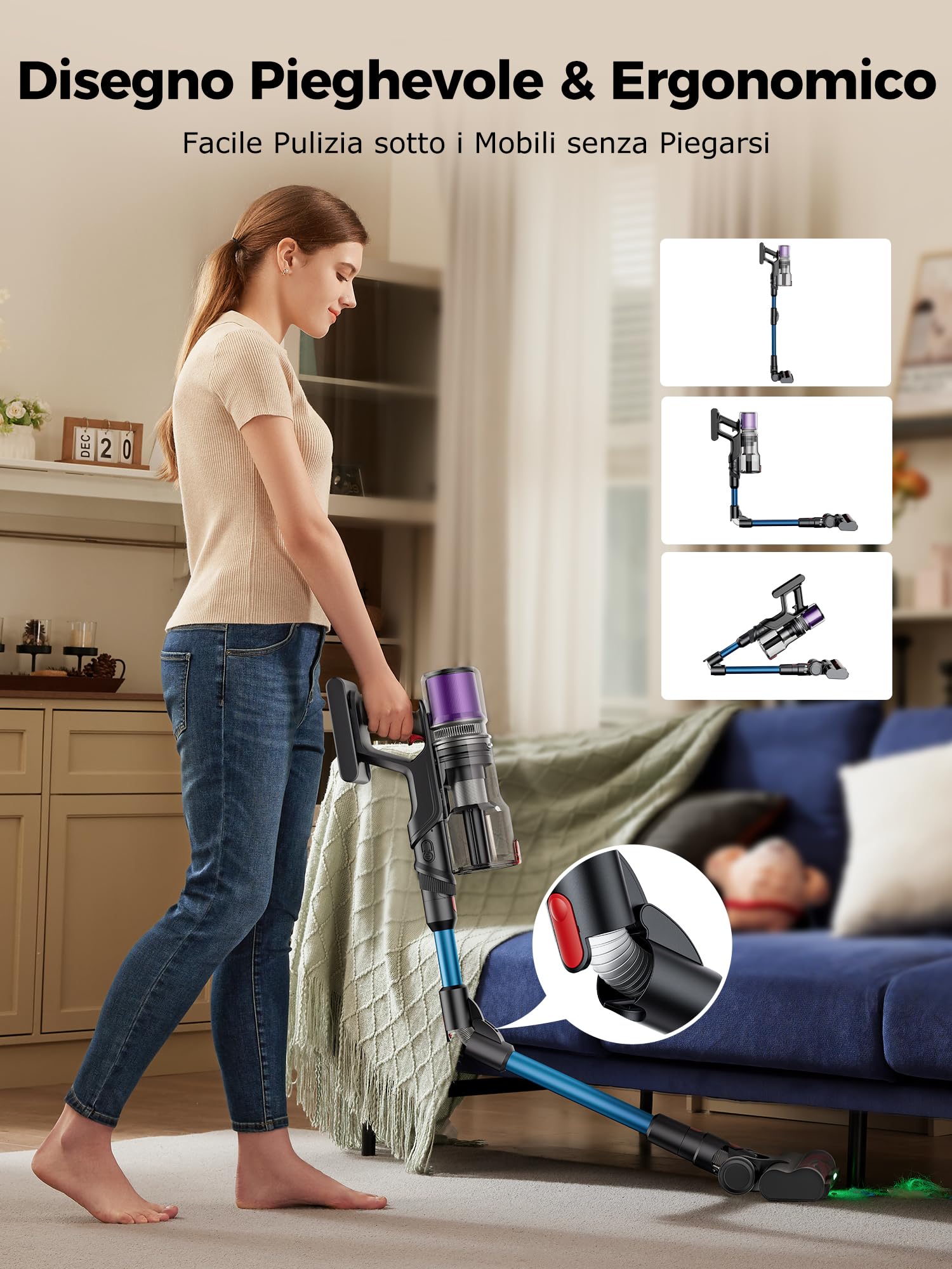 Proscenic P16 Aspirapolvere senza Fili 550W/50KPA/65Min, Scopa Elettrica senza Fili con Tubo Pieghevole, Autonomia conTouchscreen Spazzola Anti-Avvolgimento per Pavimenti/Tappeti/Peli (Blu)