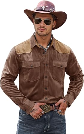 Herberton Mens Western Shirt Cowboy Soft Faux Suede Casual Button Down Shirt with Flap Pockets S-2XL