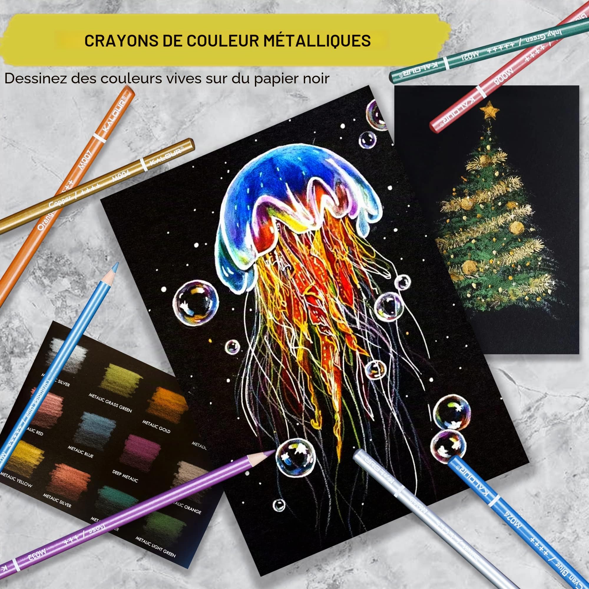 KALOUR 72 Crayons de Couleur Métalliques, Noyau Doux avec Couleurs Vives, Idéals pour le Dessin, le Mélange, le Croquis et l'Estompage