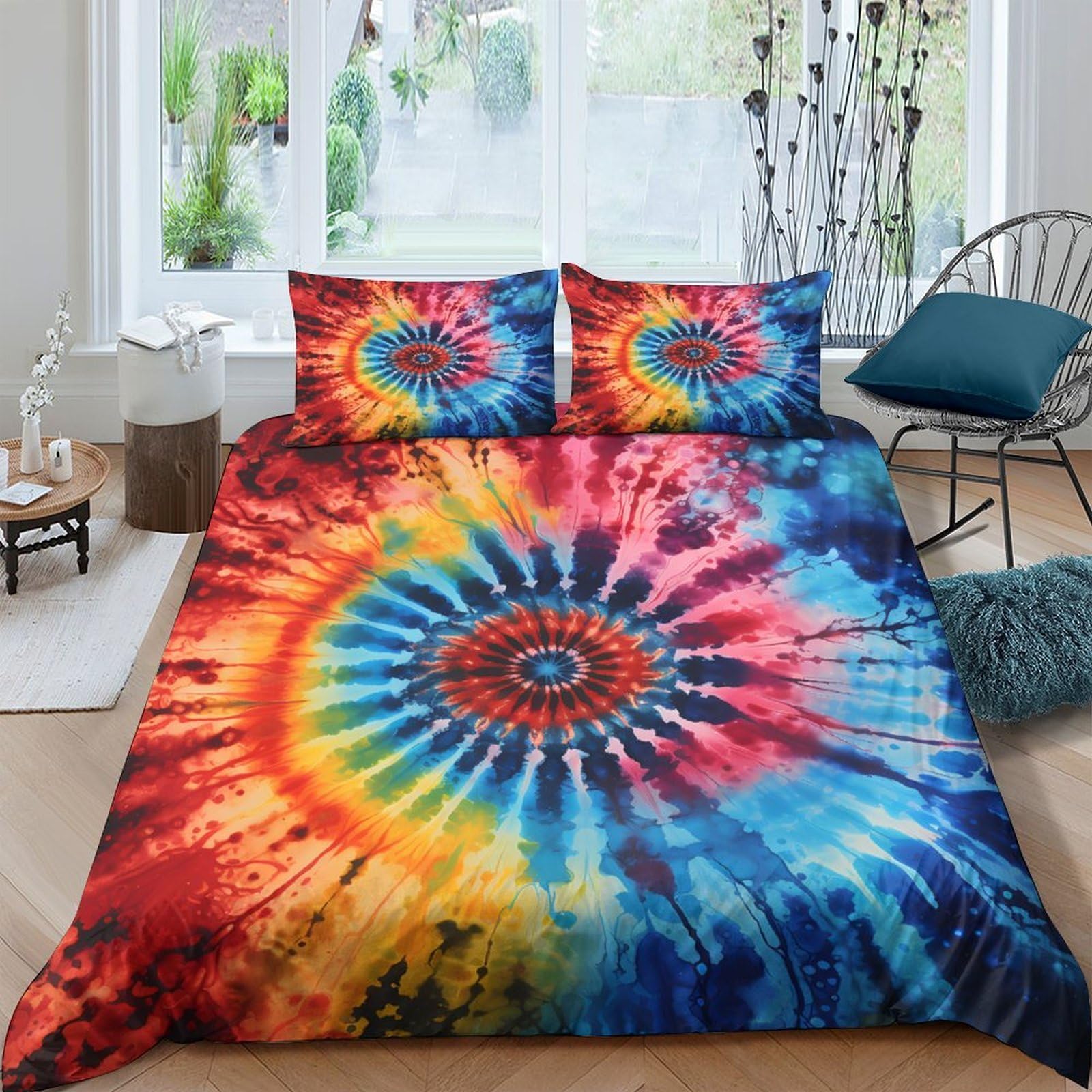 GPLZQXKJNH 3D Printed Tie Dye Spiral Duvet Cover Set Microfiber Soft Rainbow Burst Bedding Set with 2 Pillowcases for Bedroom Decor Single（135x200cm）