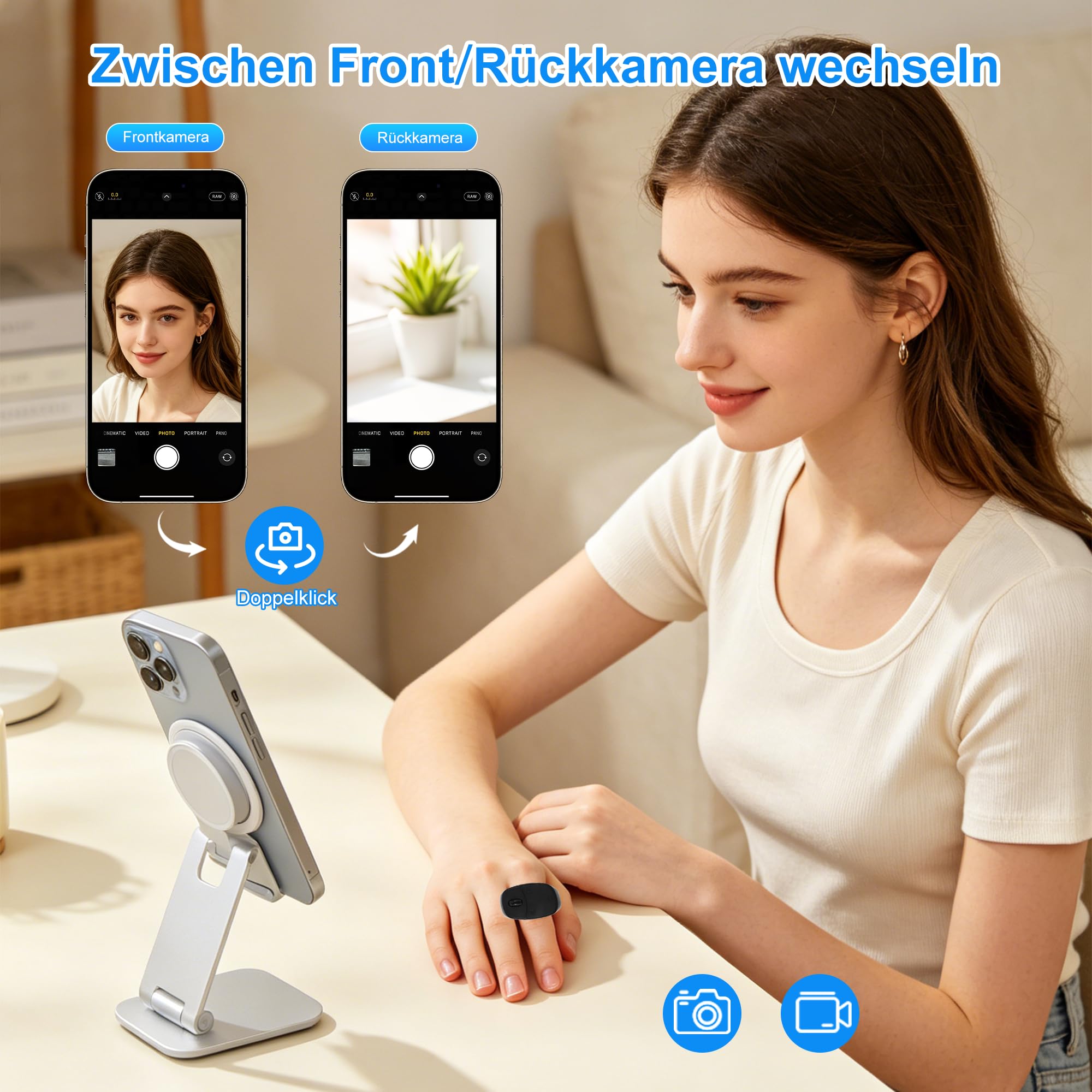 Kabellose Bluetooth-Fernbedienung, TikTok-Scrolling Ring Wiederaufladbarer mit Ladehülle, Remote Kurzvideo, Kamera Auslöser, E-Book PPT Seitenwender, für Smartphone Tablet Zuhause Reisen Büro-Schwarz