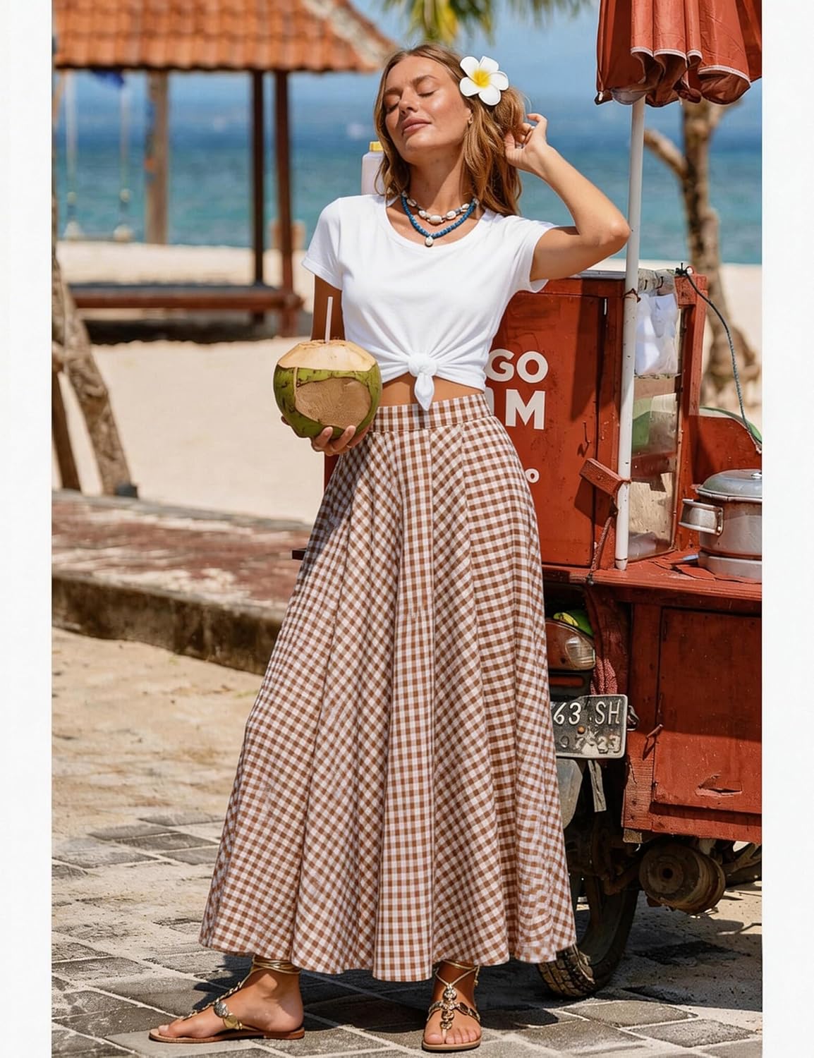 Mansy Women's Plaid Gingham Maxi Skirt High Waist A Line Pleated Flared Summer Casual Swing Long Skirt 2026