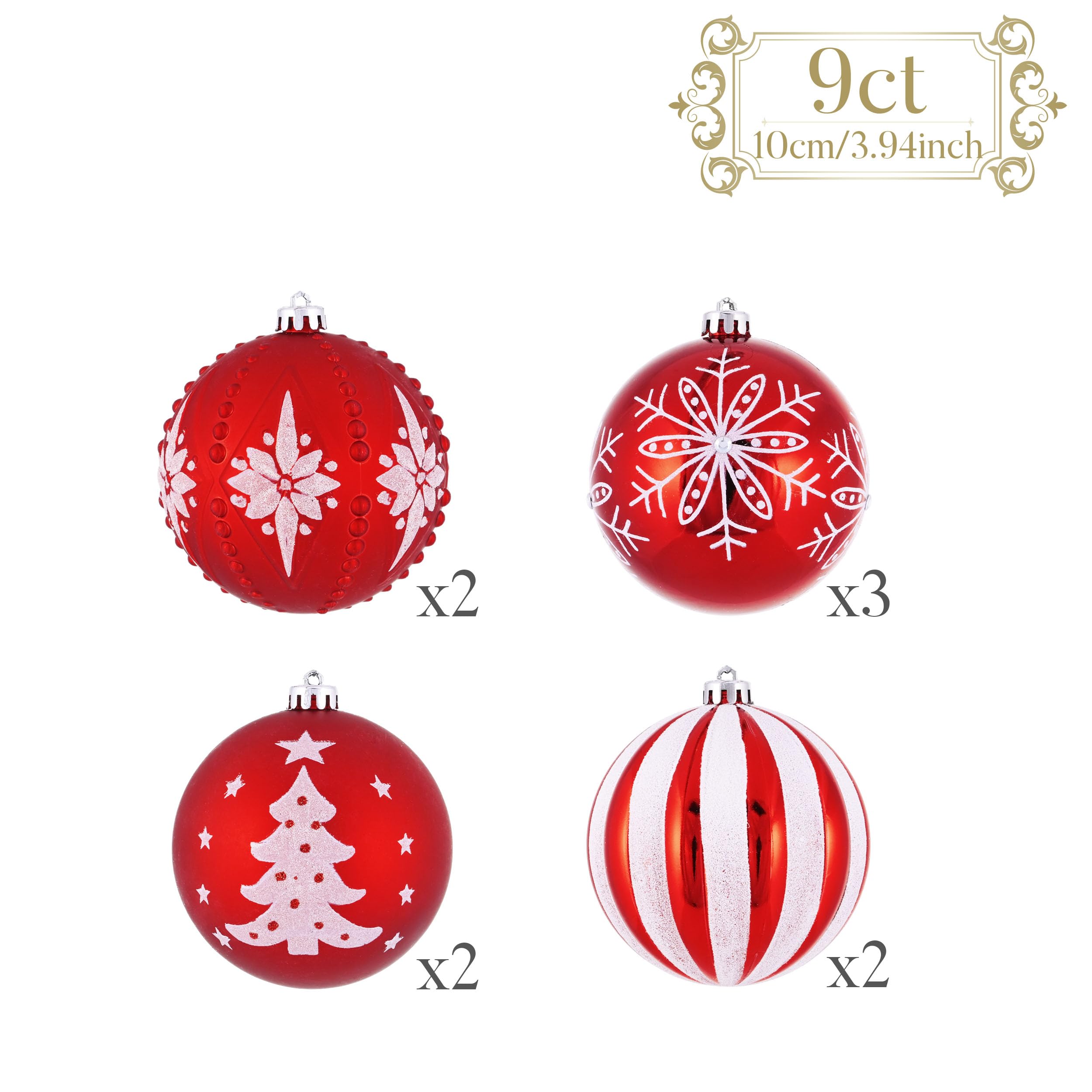 Valery Madelyn - Boule de Noël traditionnelle - 9 ct - 100 mm - Rouge et blanc incassable - Décoration de sapin de Noël - Décoration de sapin - Avec jupe d'arbre (non incluse)