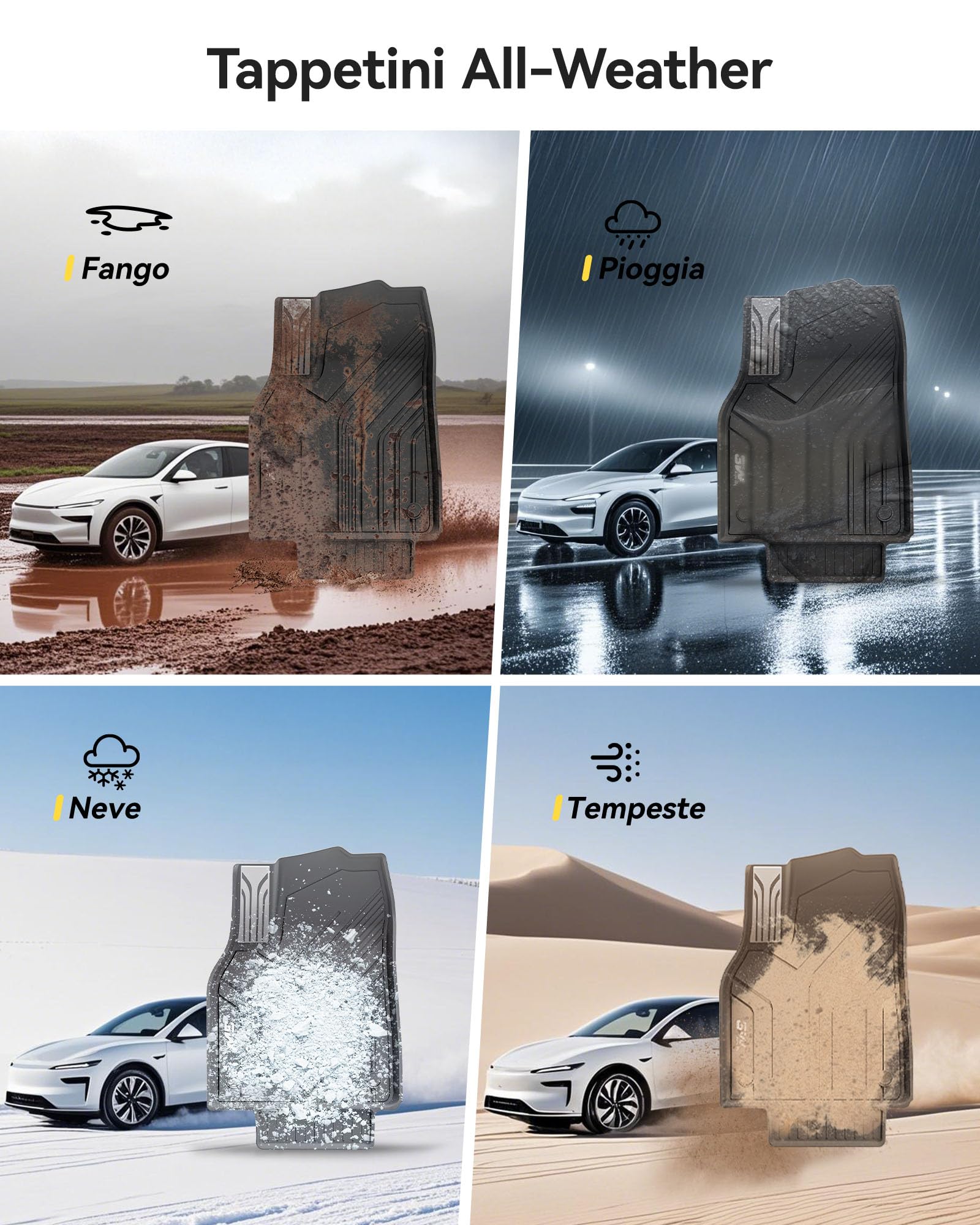 3W Tappetini per Tesla Model Y Standard 2026 Set Completo 6 Pezzi (Inclusa Vasca Baule), TPE Premium All-Weather, Tappetini su Misura Auto Antiscivolo e Resistente per Cani, Accessori