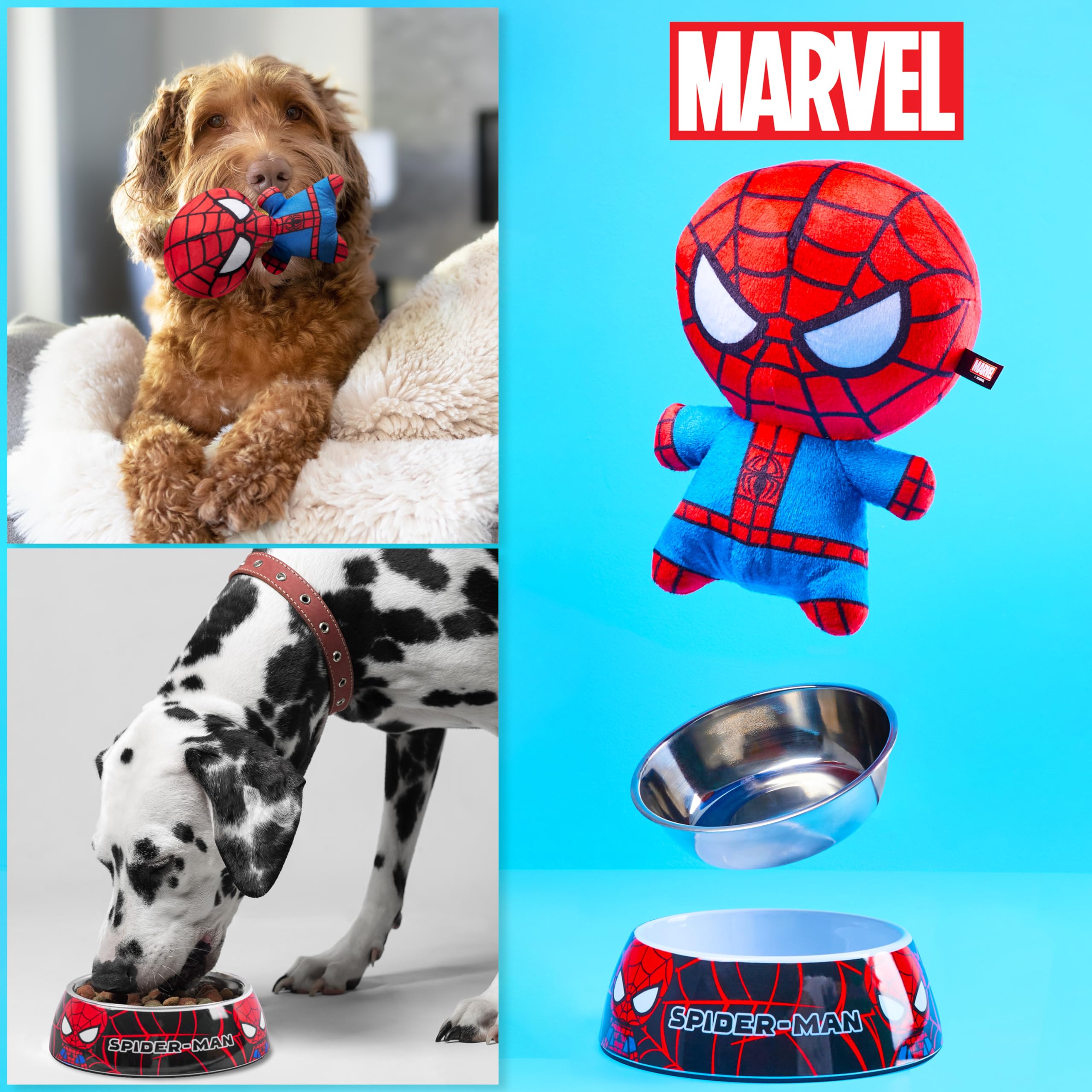 Disney Stitch Ciotole per Cani - Set Regalo Ciotola per Cani Antiscivolo e Peluche con Squeak (Spiderman Rosso/Blu)