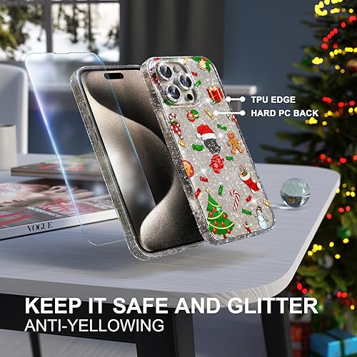 Miniatura 7 de Choiche Funda de Navidad para iPhone 15 Pro, bonita funda transparente con purpurina brillante, 3 protectores de lente de cámara con diamantes, 2