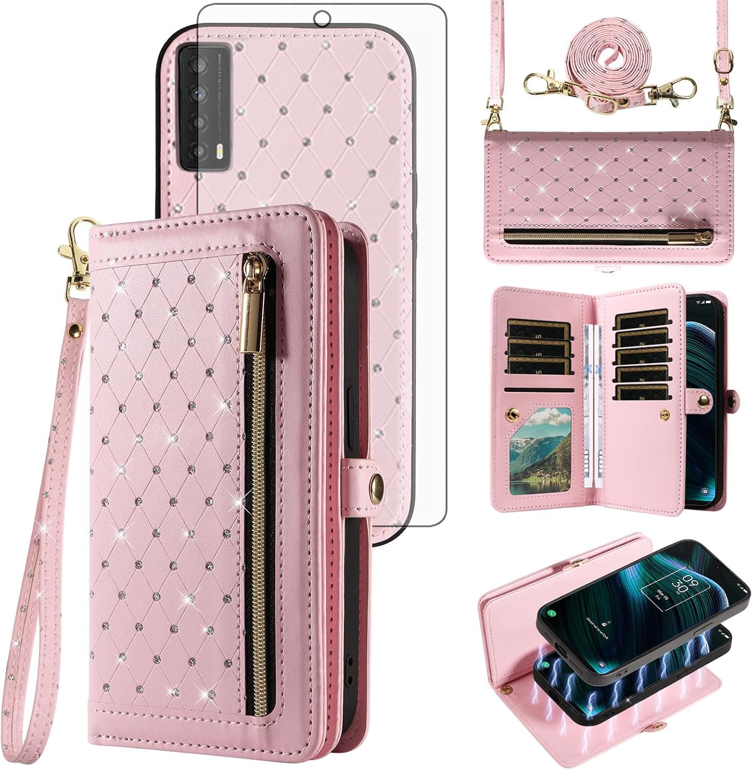 Asuwish Phone Case for TCL Stylus 5G 2022 Zipper Wallet Detachable Cell Cover with Tempered Glass Screen Protector Crossbody Strap Bling Flip Credit Card Holder TLC Stylo G5 6.81 T779W Women Men Pink