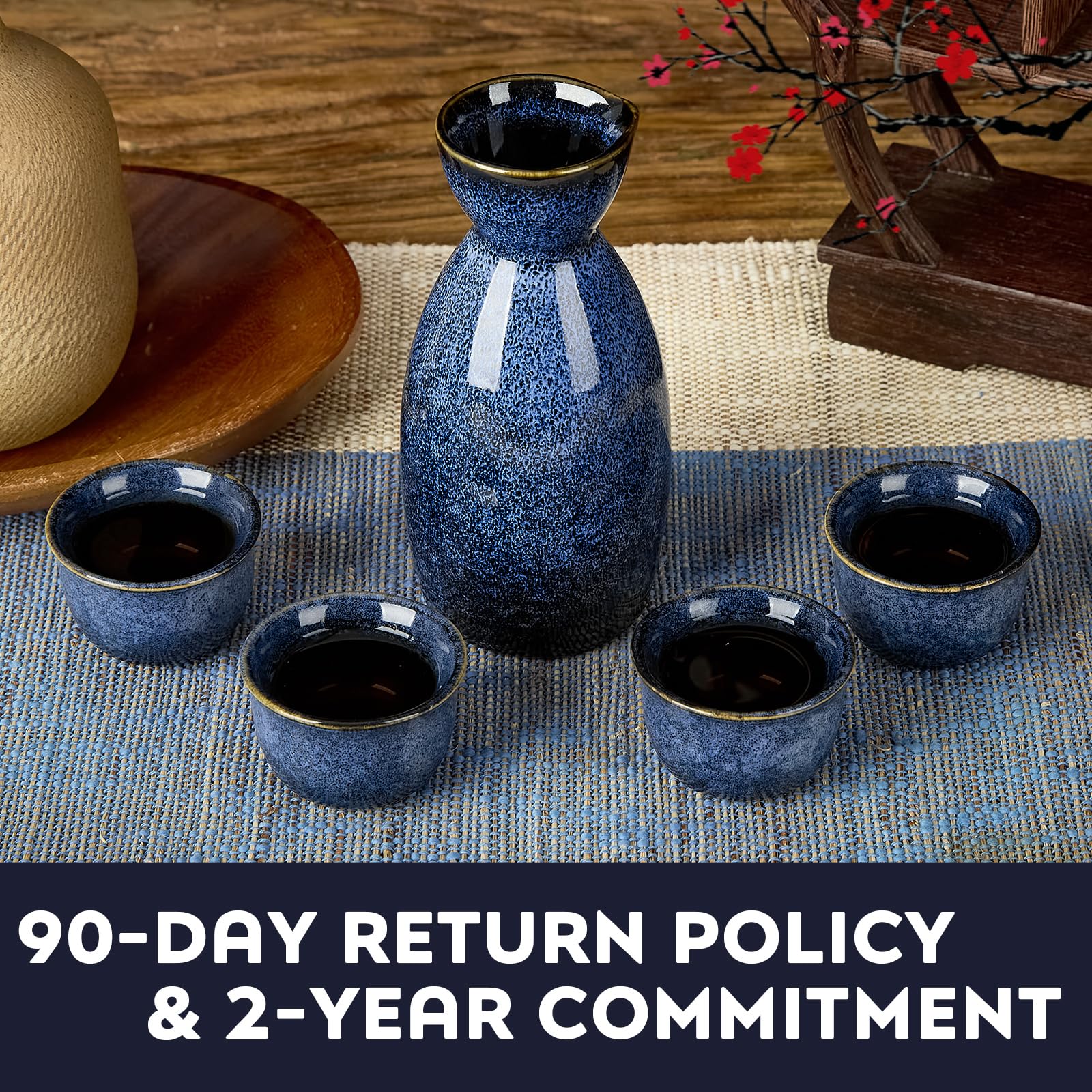 DUJUST 5-teiliges Japanisches Sake-Set, Porzellansake-Set mit feuerveränderter Glasur, 1 Flasche, 4 Tassen & 1 Geschenkkasten, warmer Karaffe, besonderes Japanisches Geschenkset - dunkelblau