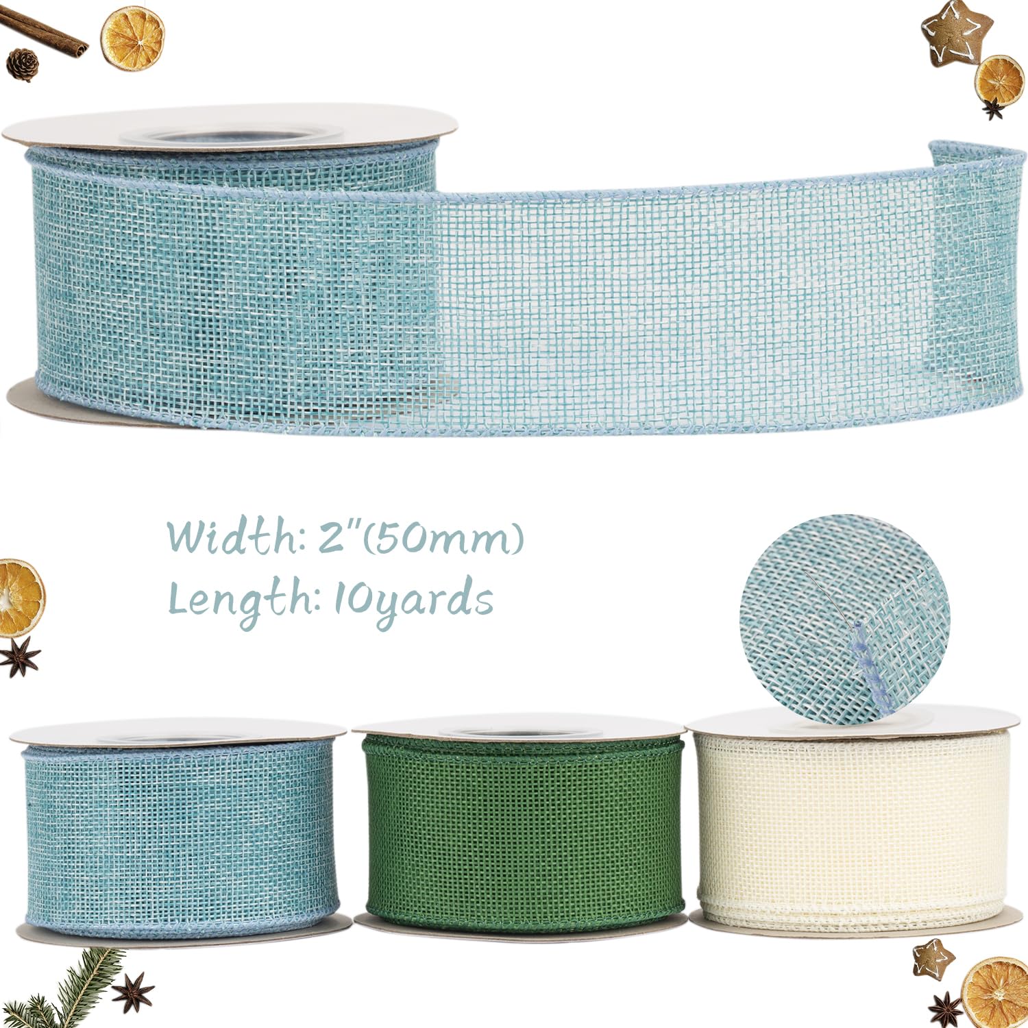 Tekdeere Burlap Ribbon 50mm x 9 Meters, Island Blue Wired Ribbon for Crafts, Gift Wrapping, Wreaths, Bows, Tree Decoration and Outdoor Decoration - Image 2