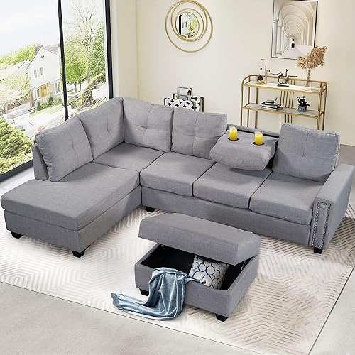 Goohome Modular Sectional Sofa,Modern Linen Upholstered L Shaped Couch with Reversible Chaise, Living Room Furniture Sets with Storage Ottoman Rivet