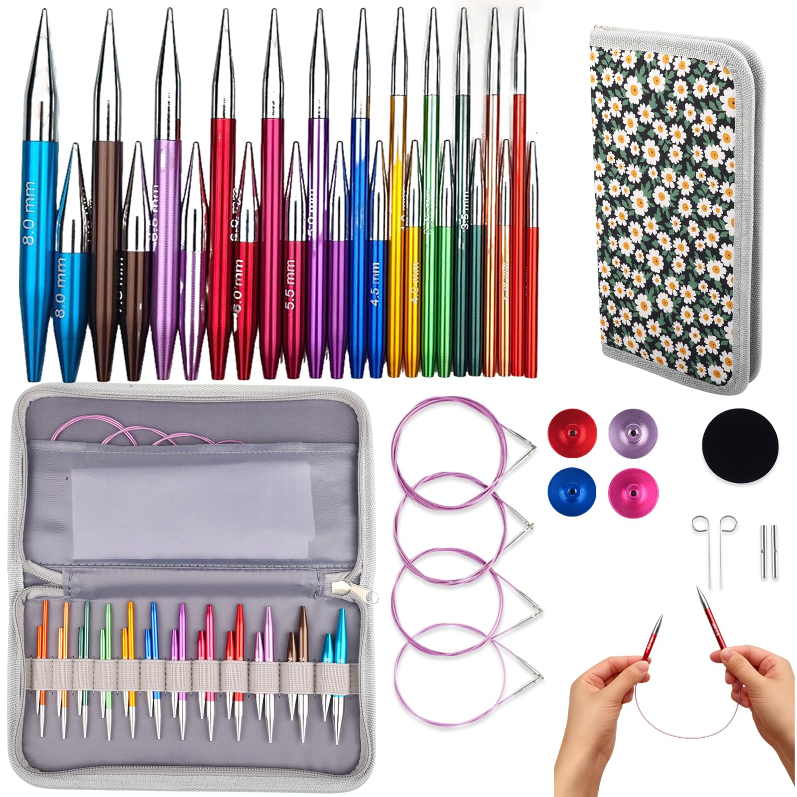 Svartur Asymmetrical Interchangeable Circular Knitting Needles, with Assorted Circular Knitting Needles and 4 Cables, Accessories and Case, 12 Pairs-image-43
