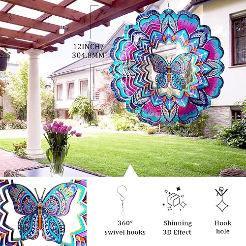 Miniatura 6 de FONMY Molinillo de viento de mariposa de acero inoxidable 3D de 12 pulgadas, escultura de viento que vale la pena regalo de decoración de Navidad.