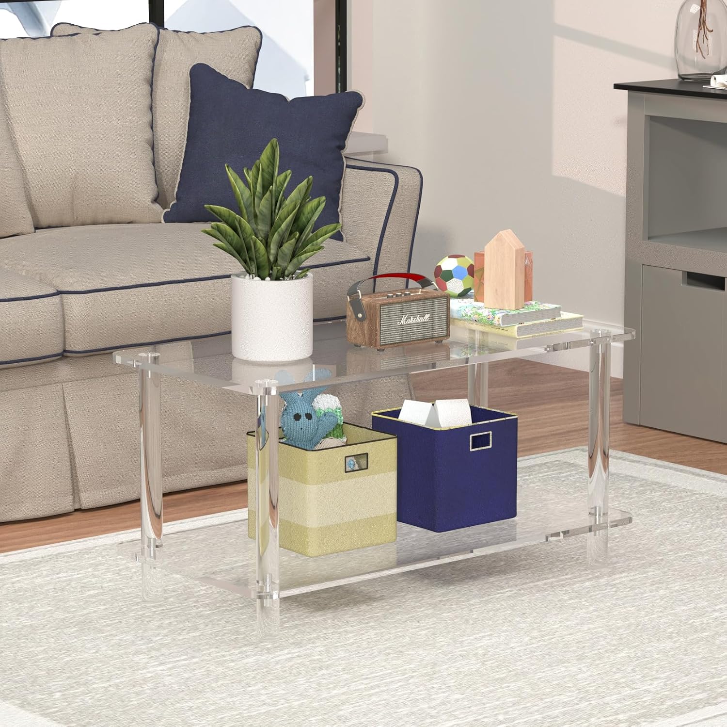 Acrylic Coffee Table 16" D x 32" W x 17‘’H, Clear Lucite Table with Open Storage Shelf, Rectangle Coffee Table for Living Room