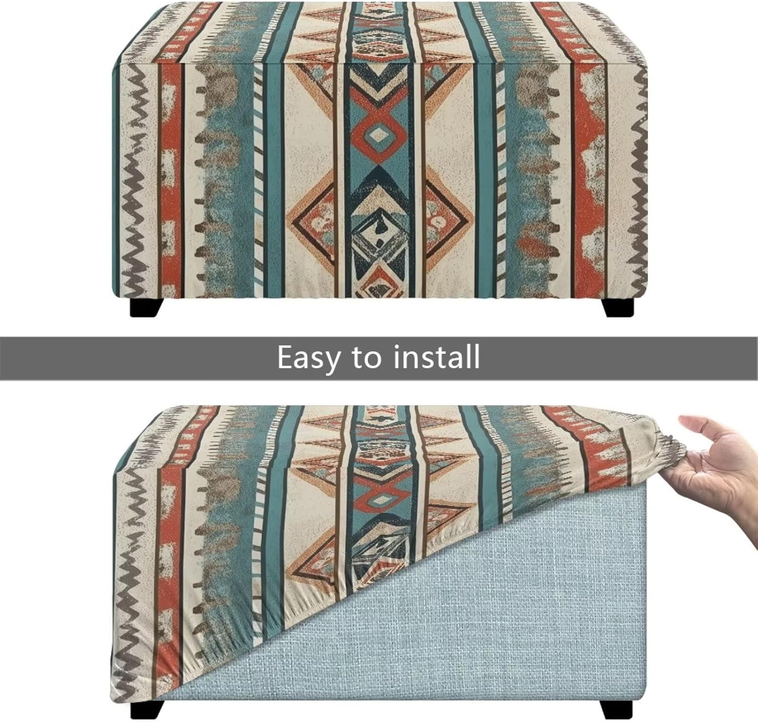 Western Aztec Native Stretch Ottoman Cover Dustproof Ottoman Slipcovers for Foot Stool with Nonslip Elastic Bottom Tribal Geometric Decor 30” x24”x15”