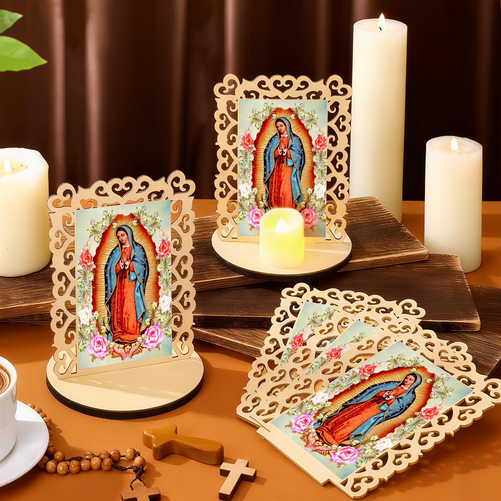Soaoo Holzstatuen "Our Lady of Guadalupe", "Virgen De Guadalupe", Bilderrahmen, Taufgeschenke für Gäste, Taufaufaufaufen, Tafelaufsätze für Tisch, Erstkommunion, katholische Gastgeschenke, rechteckig
