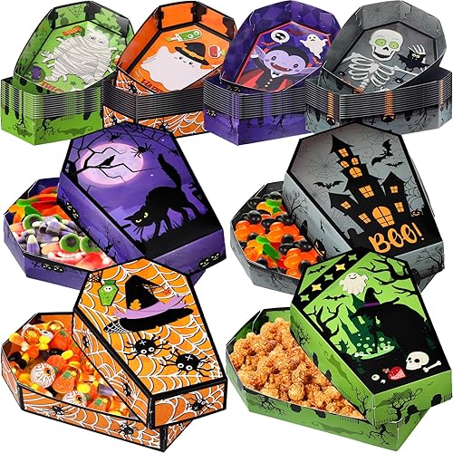 48 bandejas de papel desechables de Halloween para ataúd de Halloween, bandejas para nachos, cesta de servir truco o trato, botes de comida