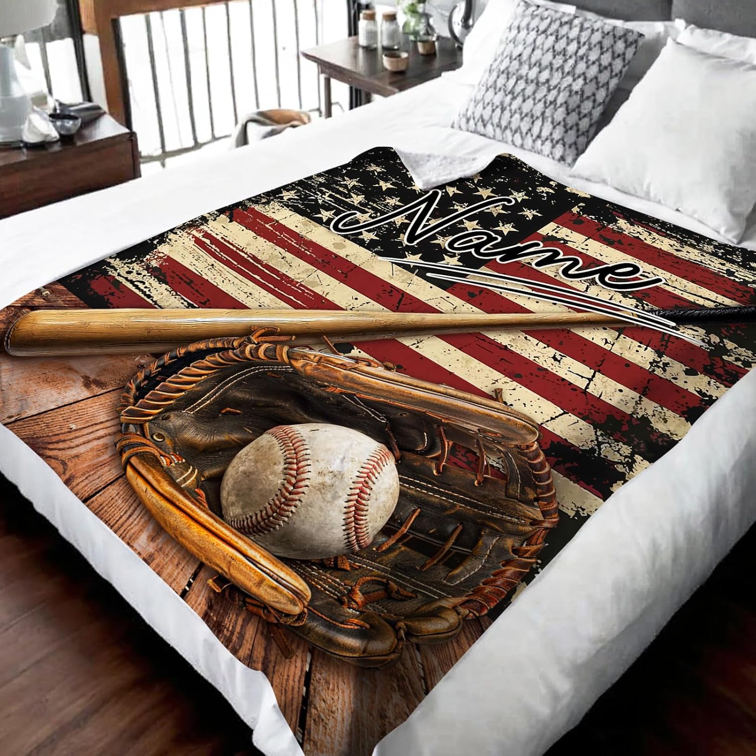 Baseball Blanket, Personalized Boys Throw Blanket for Baseball Lovers Team Players, Custom Retro 40x50 Inches Blanket Gift for Son Nephew on Chair Sofa Couch Bed Decor