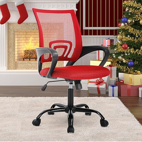 Silla de escritorio ergonómica de malla con respaldo medio rojo con soporte lumbar y reposabrazos, malla transpirable, altura ajustable silla de