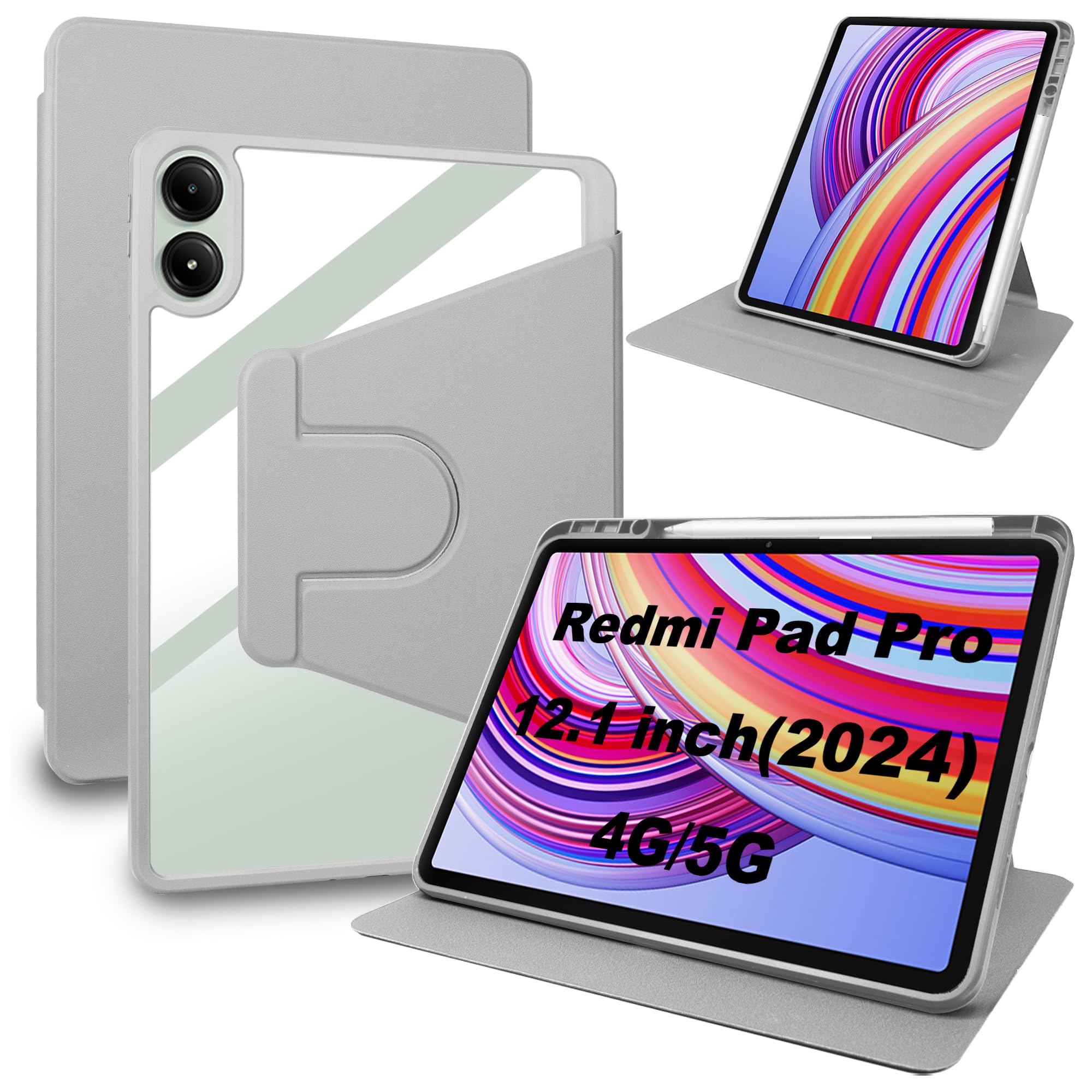 Lemxiee Case for Xiaomi Redmi Pad Pro & POCO Pad 12.1" Case, PU Leather Case + Clear Acrylic Rotating Stand & Pen Slot