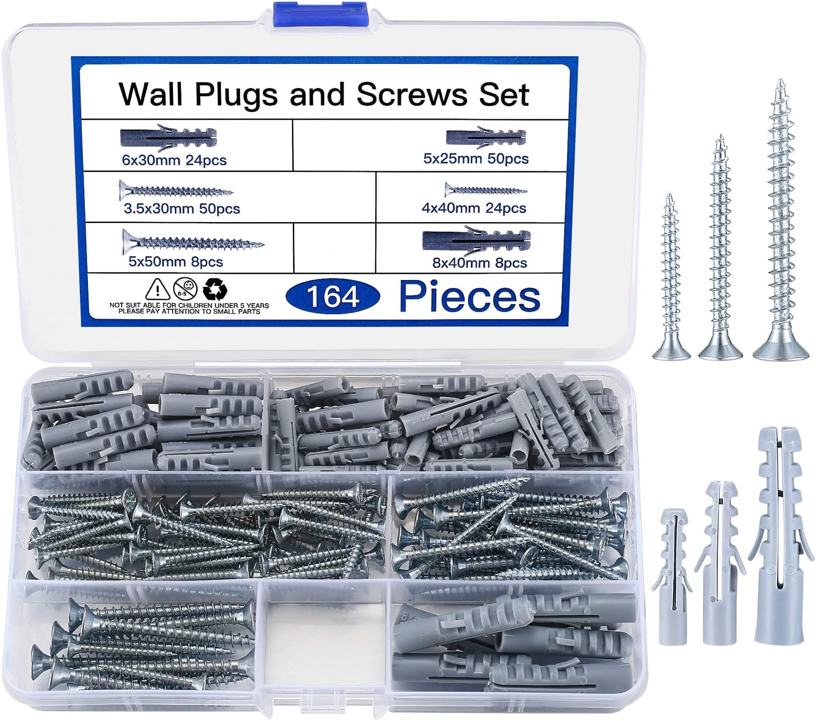 164 Pcs Screws and Wall Plugs Set(82 x Wall Raw Plugs, 82 x Plasterboard Fixings Screw), Masonry Brick Concrete Wall Fixings Self Drilling Screws and Wall Plug Anchor Bolts, M3.5/M4/M5/M6/M8