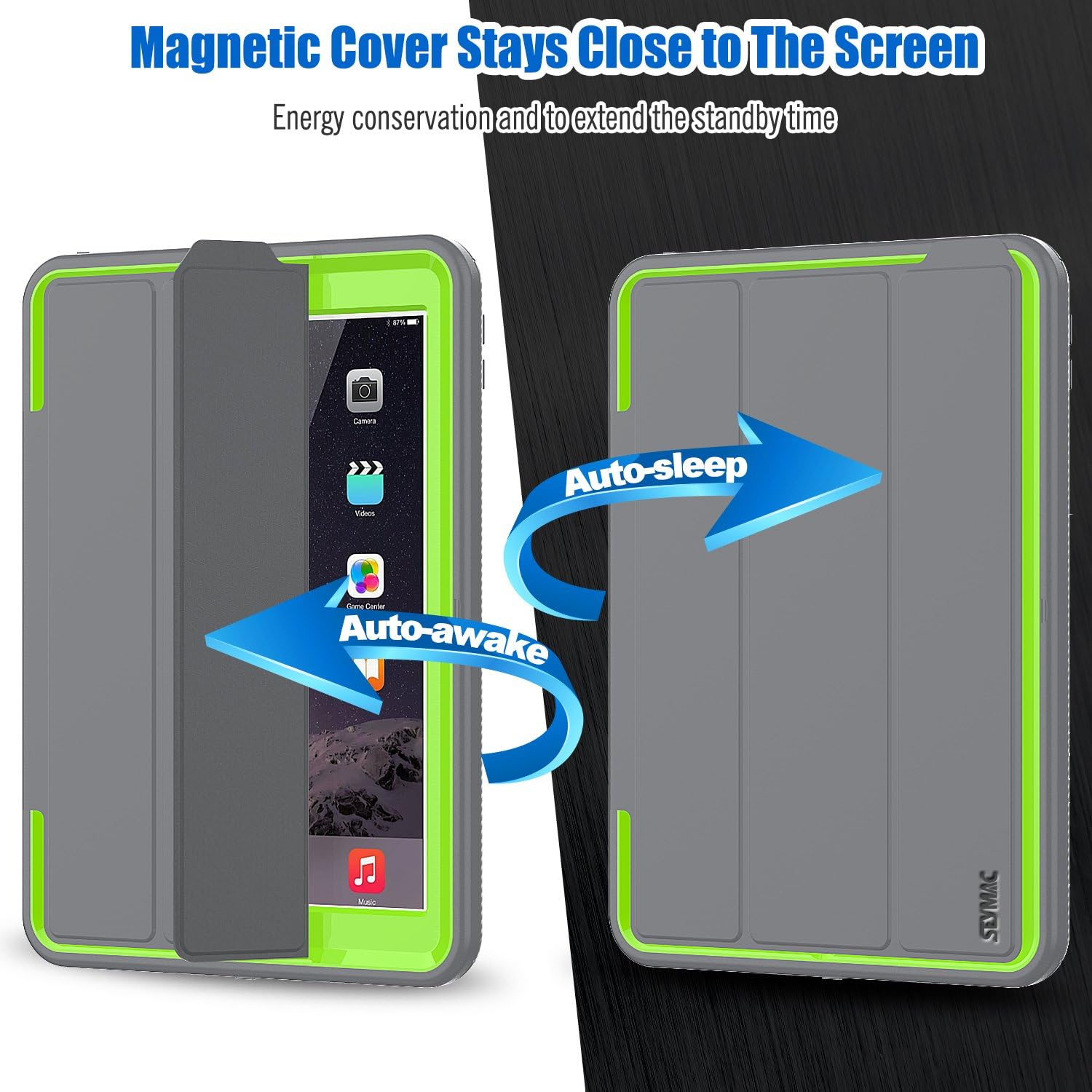 SEYMAC stock Case for iPad 9.7 inch 2018/2017, 3-Layer Smart Magnetic Auto Sleep/Wake Cover Leather with Stand Feature for iPad 2017/2018 Release Model a1822/ a1823 (Gray/Green)