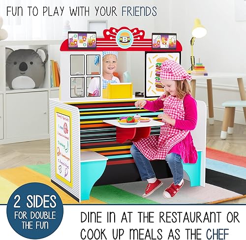 Miniatura 2 de Lil' Jumbl Juego de madera de doble cara para restaurante y cocina, comedor interactivo para niños de 3 a 8 años con luces, sonidos y accesorios