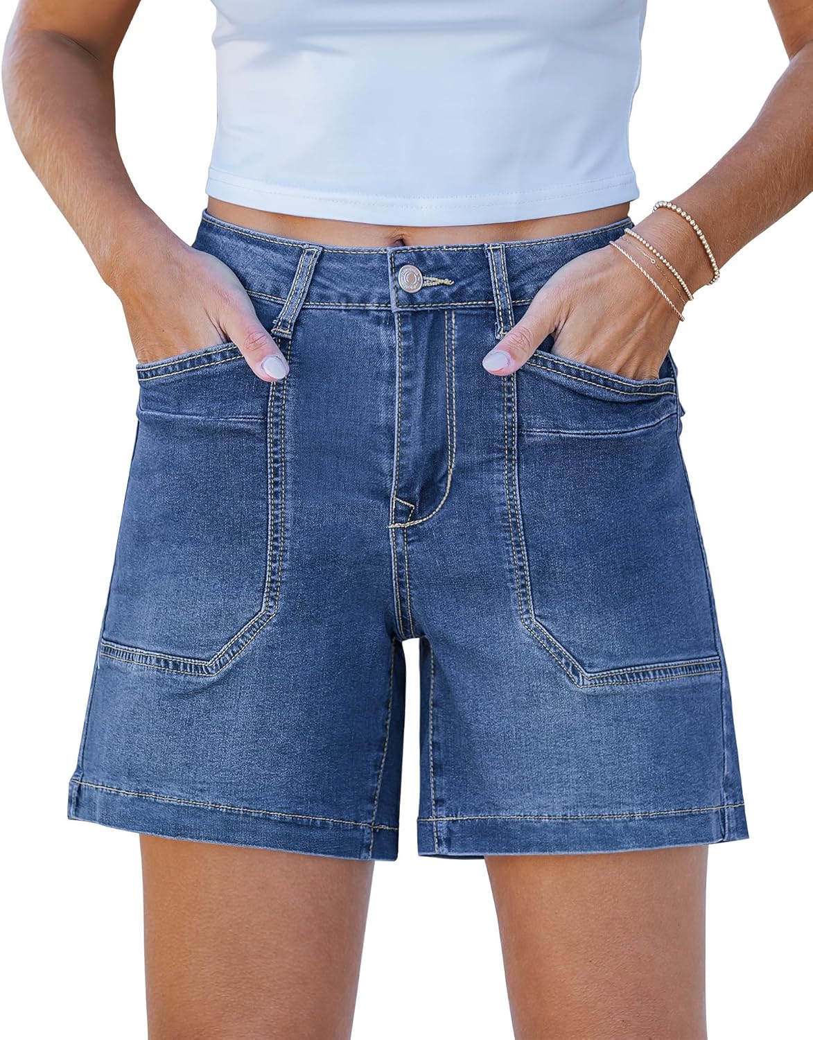 luvamia Jean Shorts for Women Trendy Mid Rise Casual Summer Jorts Distressed Cut Off Stretchy Denim Shorts with Pockets