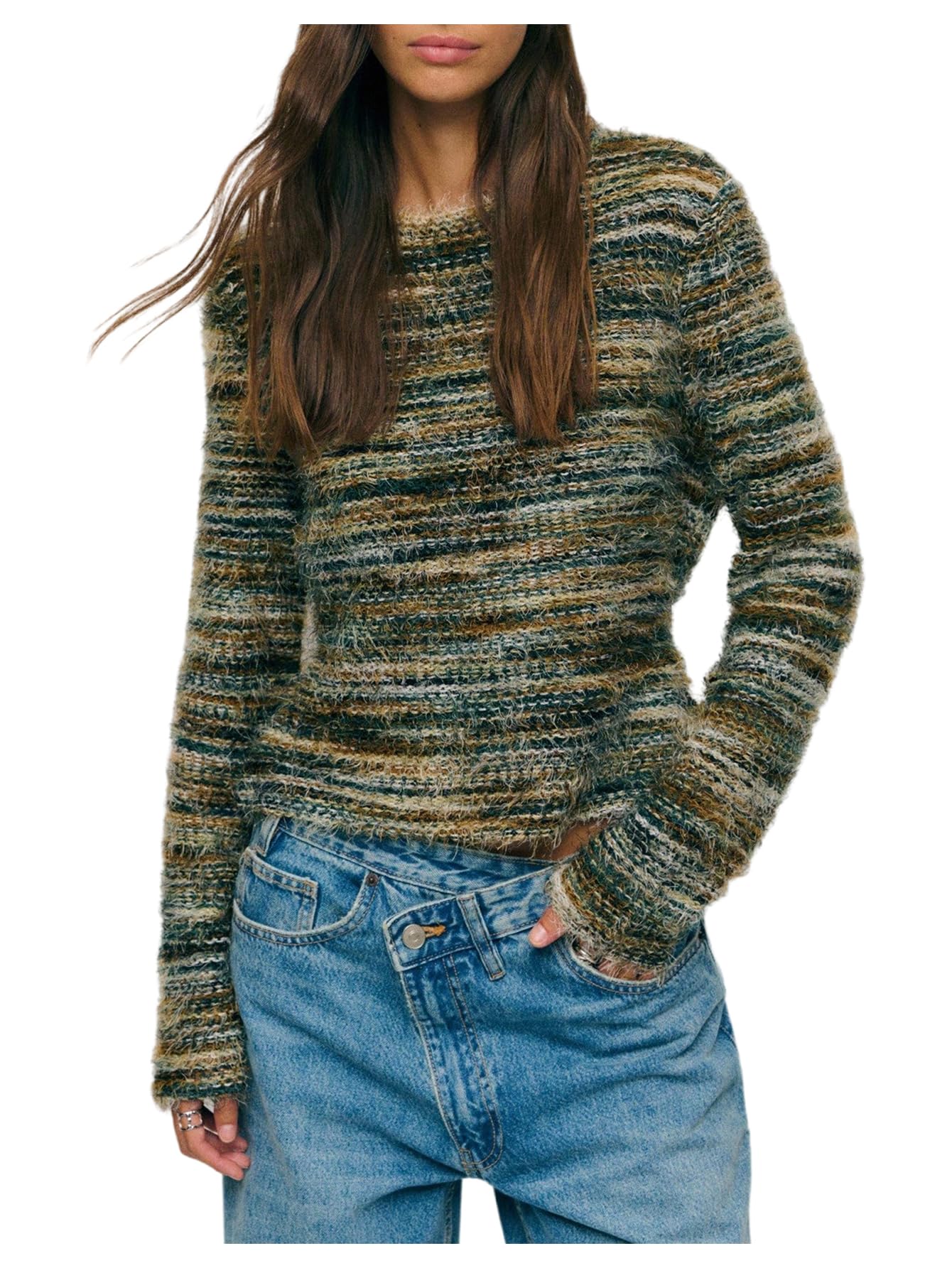 SOLY HUX Womens Fuzzy Striped Sweater Long Sleeve Crew Neck Knit Pullover Going Out Fall Jumper Tops