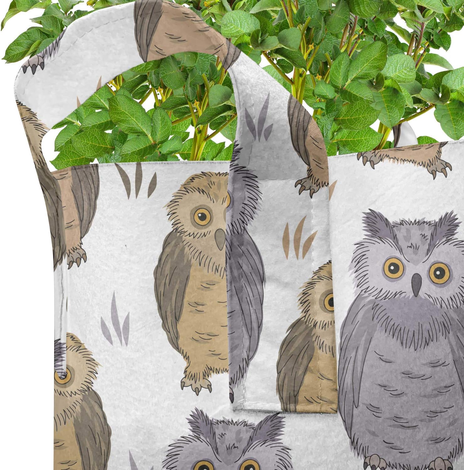 Lunarable Owl Grow Bags 5-Pack, Bird Awake at Night Animals, Heavyduty Fabric Pots with Handles for Plants, 7 Gallon, White Cocoa Sand Brown