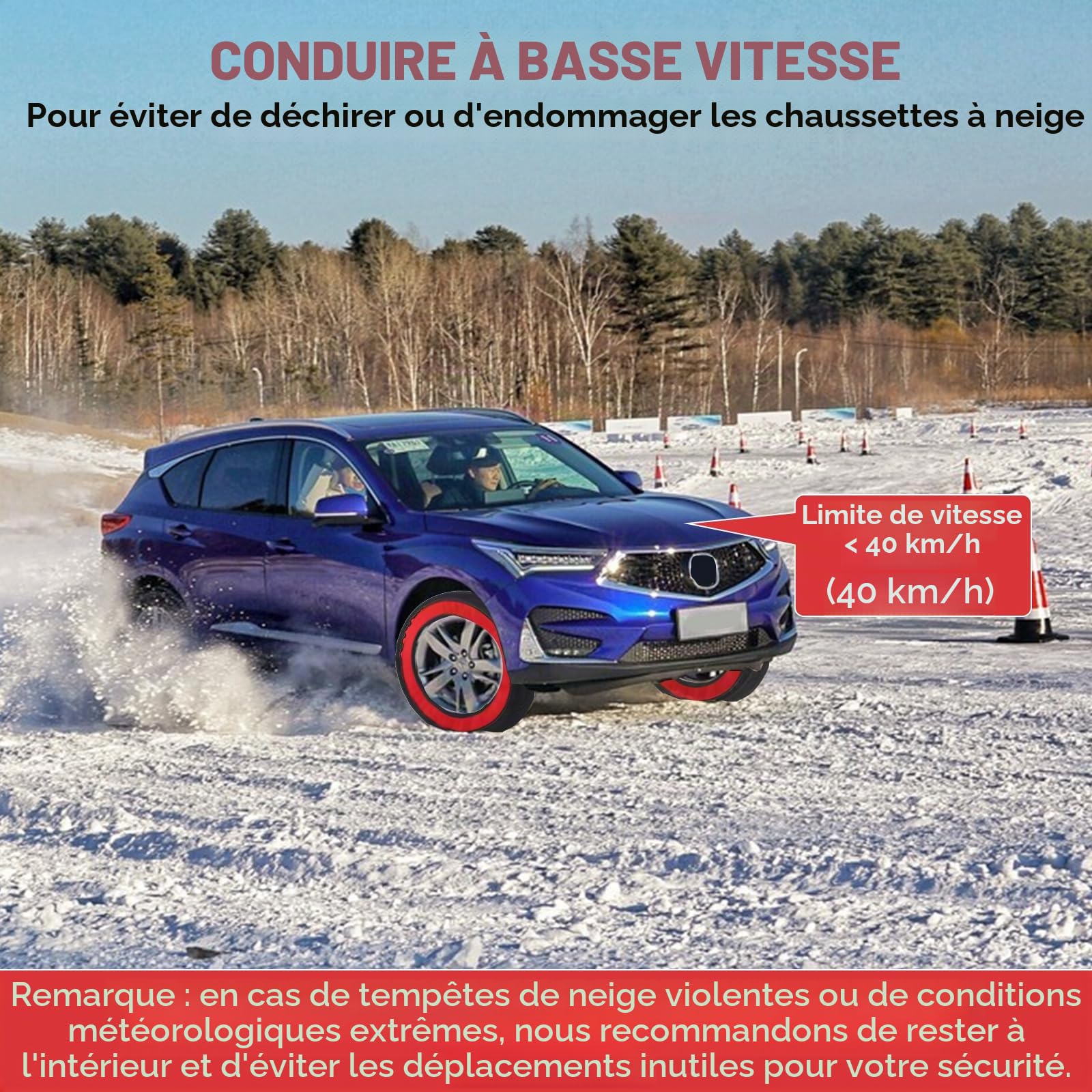 Chaussettes à neige pour pneus de voiture, chaîne neige textile épaissie antidérapante pour une meilleure traction hivernale avec gants et étui de transport pour voitures, SUV et camions universels (4