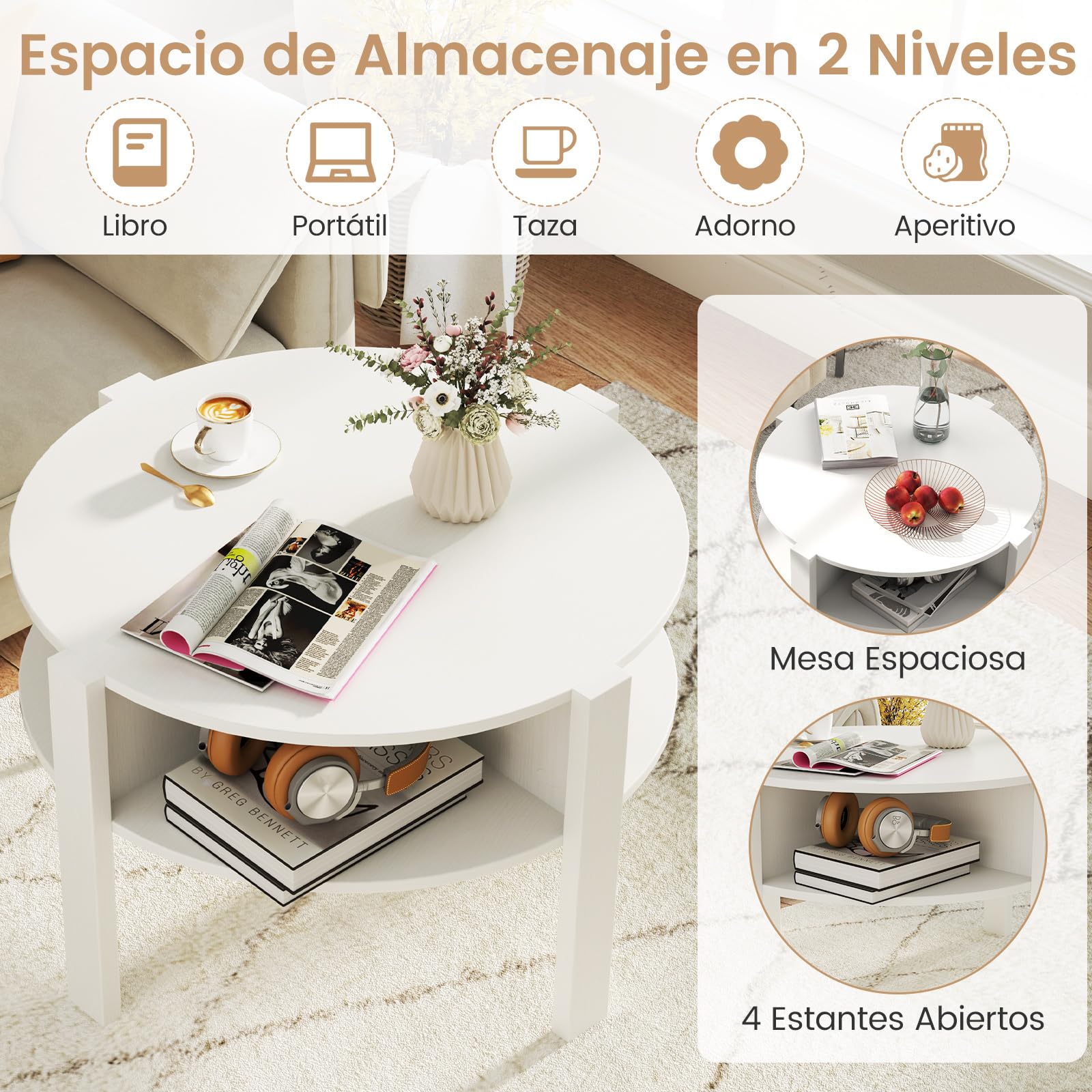 GOPLUS Mesa de Centro Redonda de 2 Niveles, Mesa de Café de Madera con Compartimiento Abierto, Almohadillas Antideslizantes, Mueble para Salón, Oficina, Sala de Espera, Carga 60 kg (Blanco)