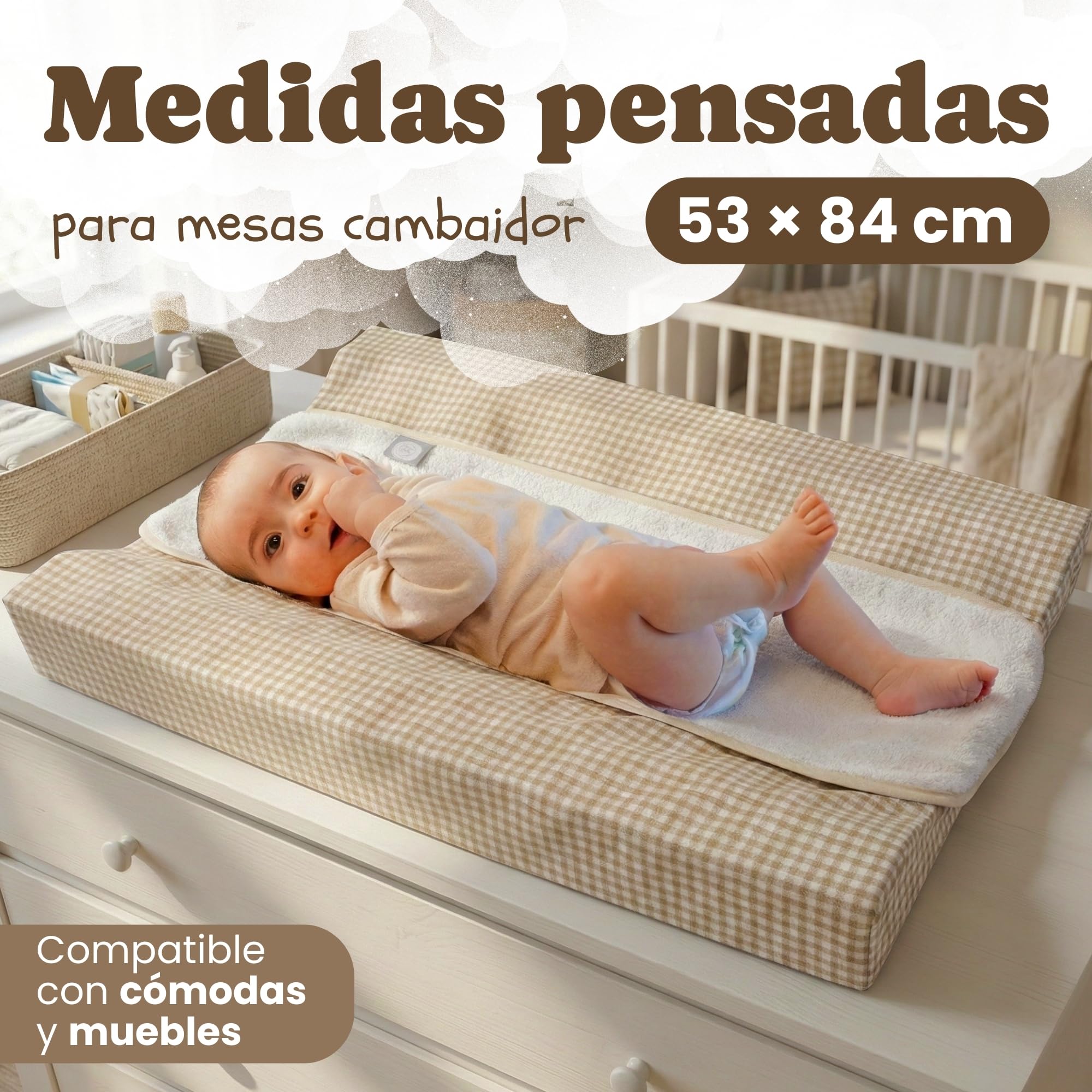 Funny Baby | Colchoneta Cambiador Bebé Impermeable 53x80 cm – Espuma Acolchada con Bordes Elevados, Funda Lavable y Toalla de Rizo – Cambiador para Cómoda Diseño Vichy Lino