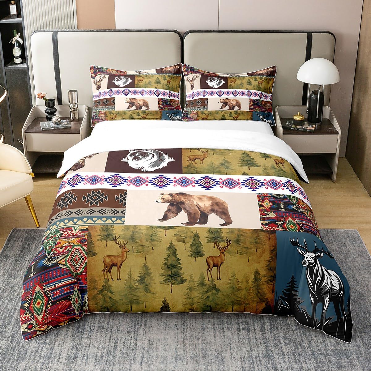 richhome Lodge Cabin 100% Cotton Duvet Cover King Size 3 Pcs Watercolor Jungle Animal Deer Bear Bedding Set for Kids Teens Adults Boho Tribal Grid Rustic Style Comforter Cover with 2 Pillowcases