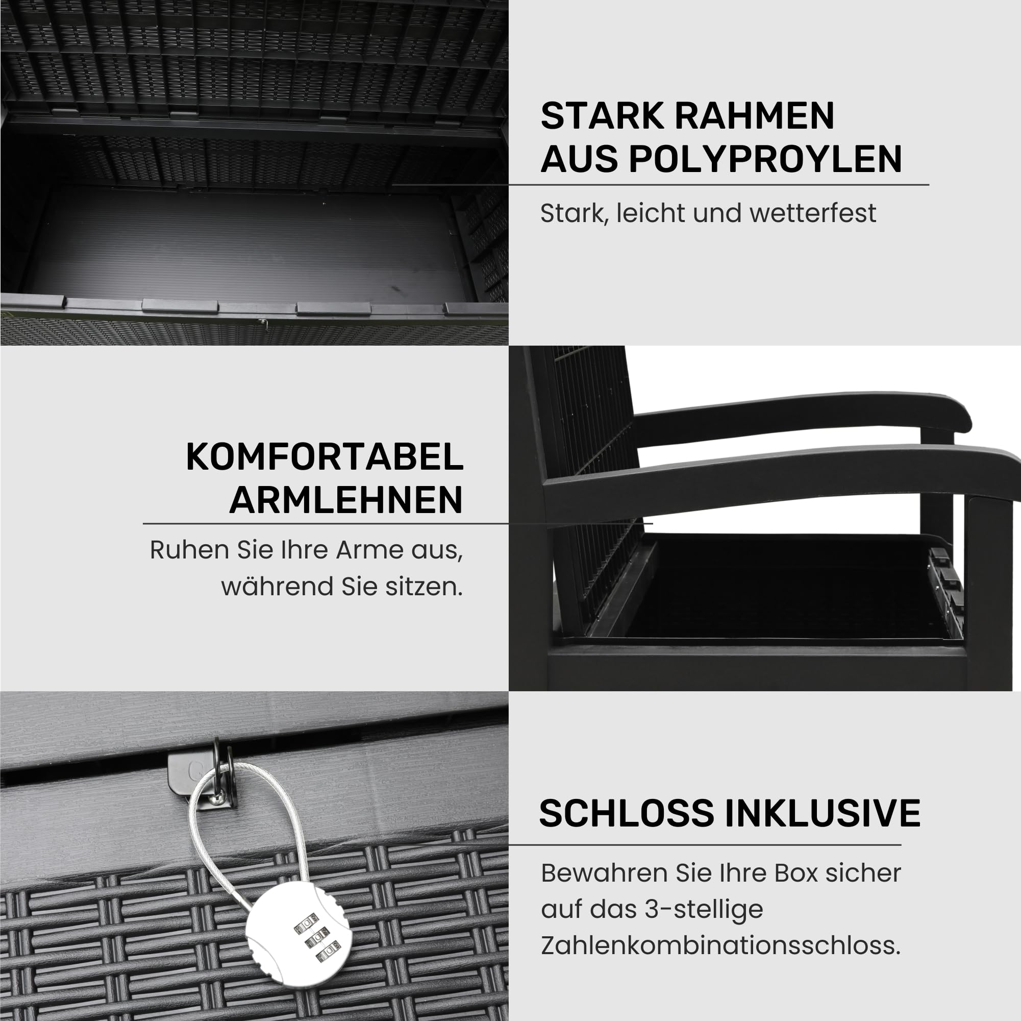 Olsen & Smith 265 Liter Gartenbank Wetterfest mit Stauraum Truhenbank Verschließbare Aufbewahrungsbox Auflagenbox Kunststoff Wetterbeständig Wasserdicht für Werkzeuge Spielzeug Decken und Mehr Schwarz